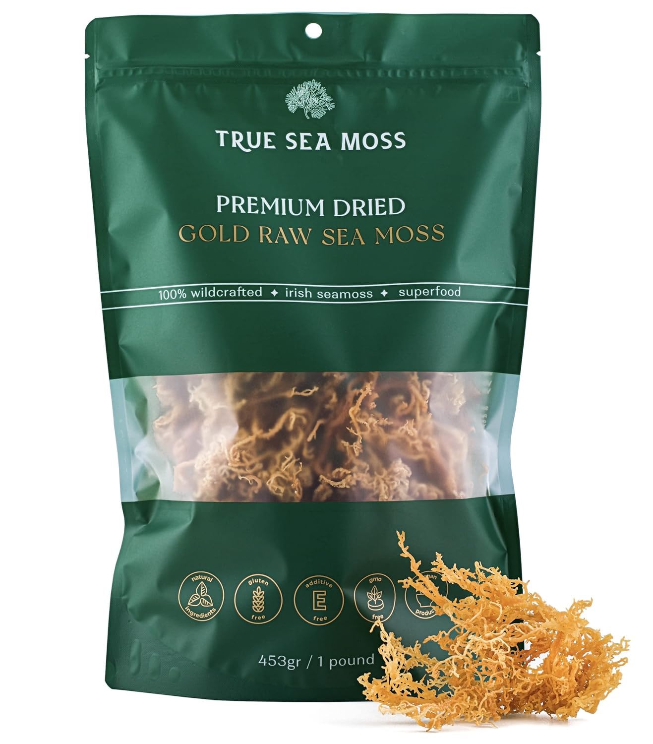 TrueSeaMoss Sea Moss Raw Gold - Organic Wildcrafted Irish Sea Moss for Digestion and Skin Health - Makes 200 oz of Gel - Sundried 16oz