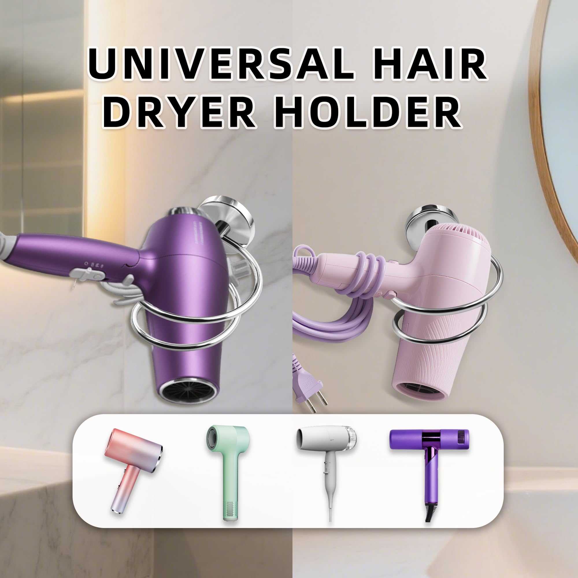 Bathroom Hair Dryer Holder Hair Care Tools Holder Wall Mount Chrome Finished Stainless Steel