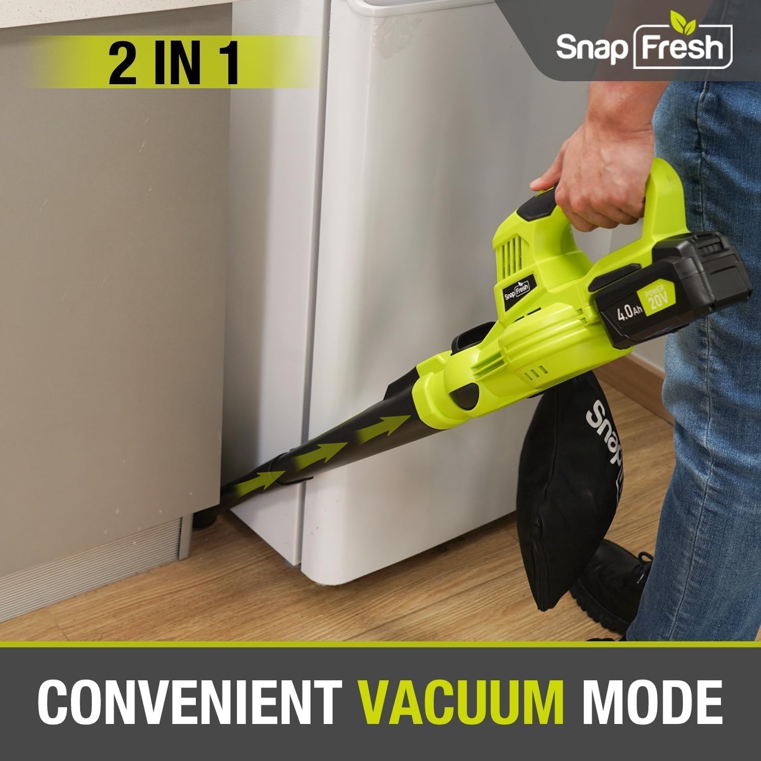 SnapFresh Cordless Blower & Vacuum - 2 in 1 Electric Blower with 4.0Ah Lithium Battery & 2h Fast Charger, 20V Handheld Vacuum Sweeper with Bag for Small Trash, Car, Dust, Pet Hair, Corner Cleaning