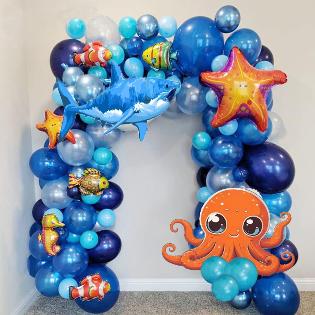 PageebO Ocean Animals Balloon Arch Kit-120pcs Midnight Blue Light Blue Metallic Blue with Different Ocean Animals Balloons for Birthday Party