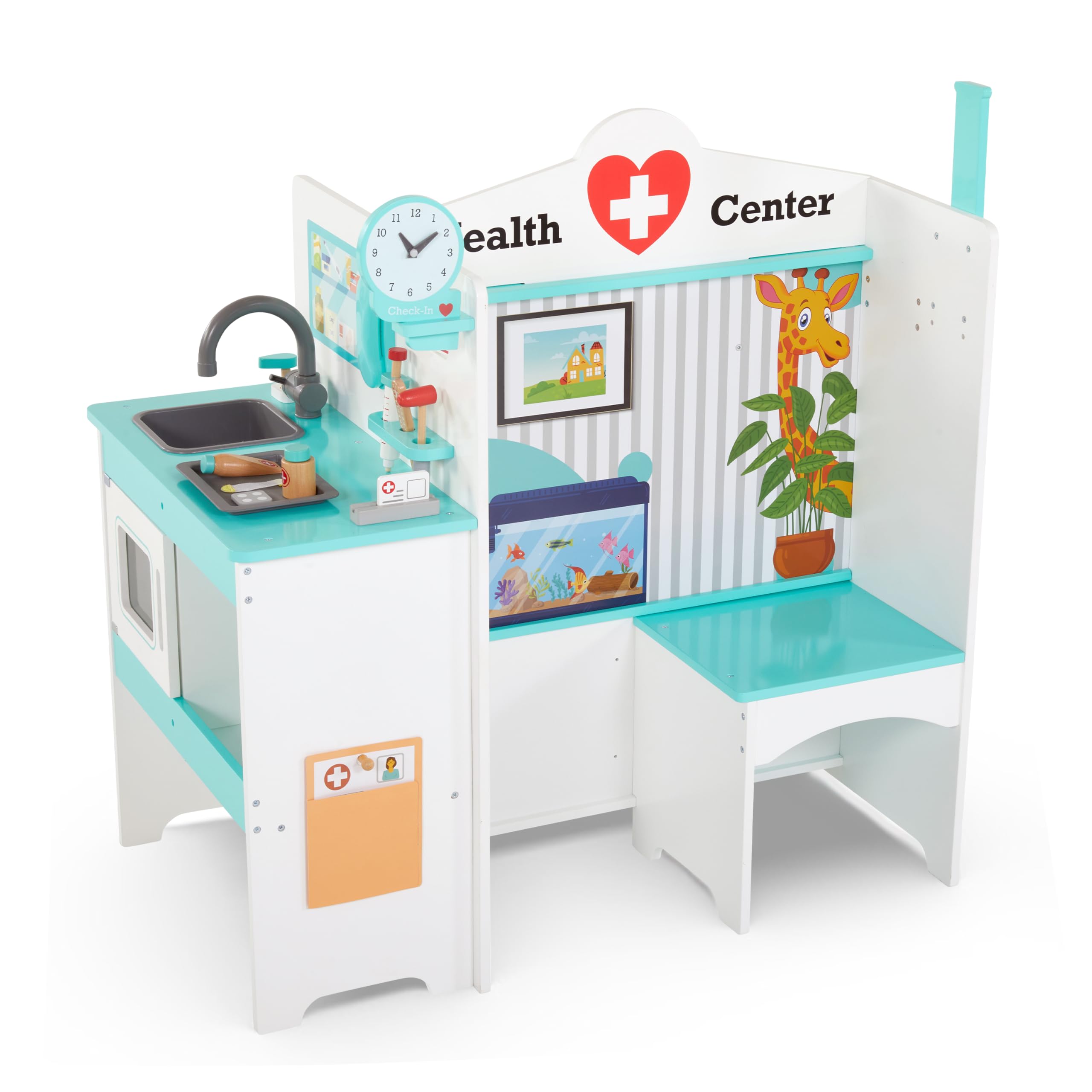Lil’ Jumbl Wooden Doctor Playset, Multi-Sided Medical Office Activity Center with Exam Room, Check-in & Waiting Areas, Toddler Playset, Doctors Office Pretend Play