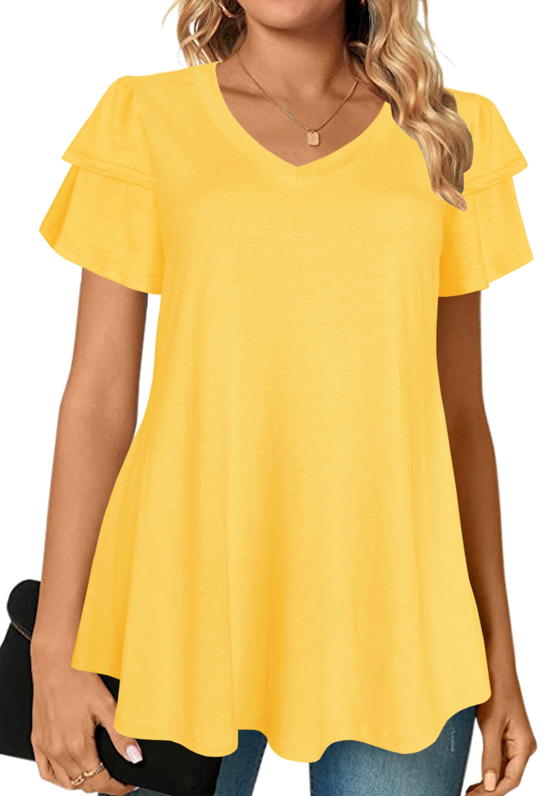 Afibi Womens Summer Tops Ruffle Short Sleeve V Neck T-Shirts Casual Loose Fit (XXX-Large, Yellow)