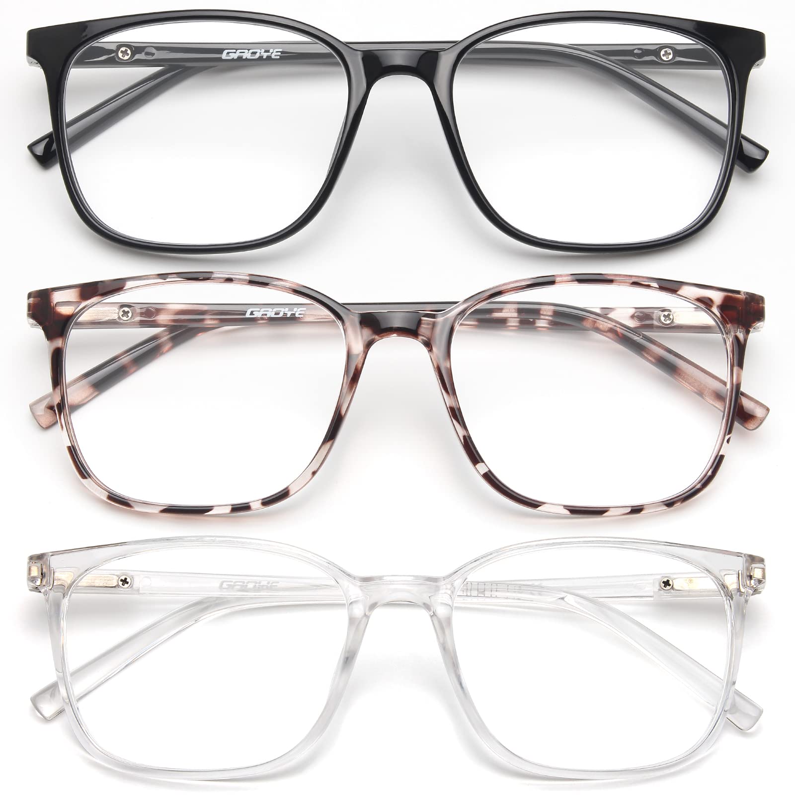 Gaoye Blue Light Blocking Glasses Women/Men, Computer Gaming Fake Eyeglasses Anti UV Ray-Spring Hinge (3 Pack, Light Black & Leopard & Transparent)