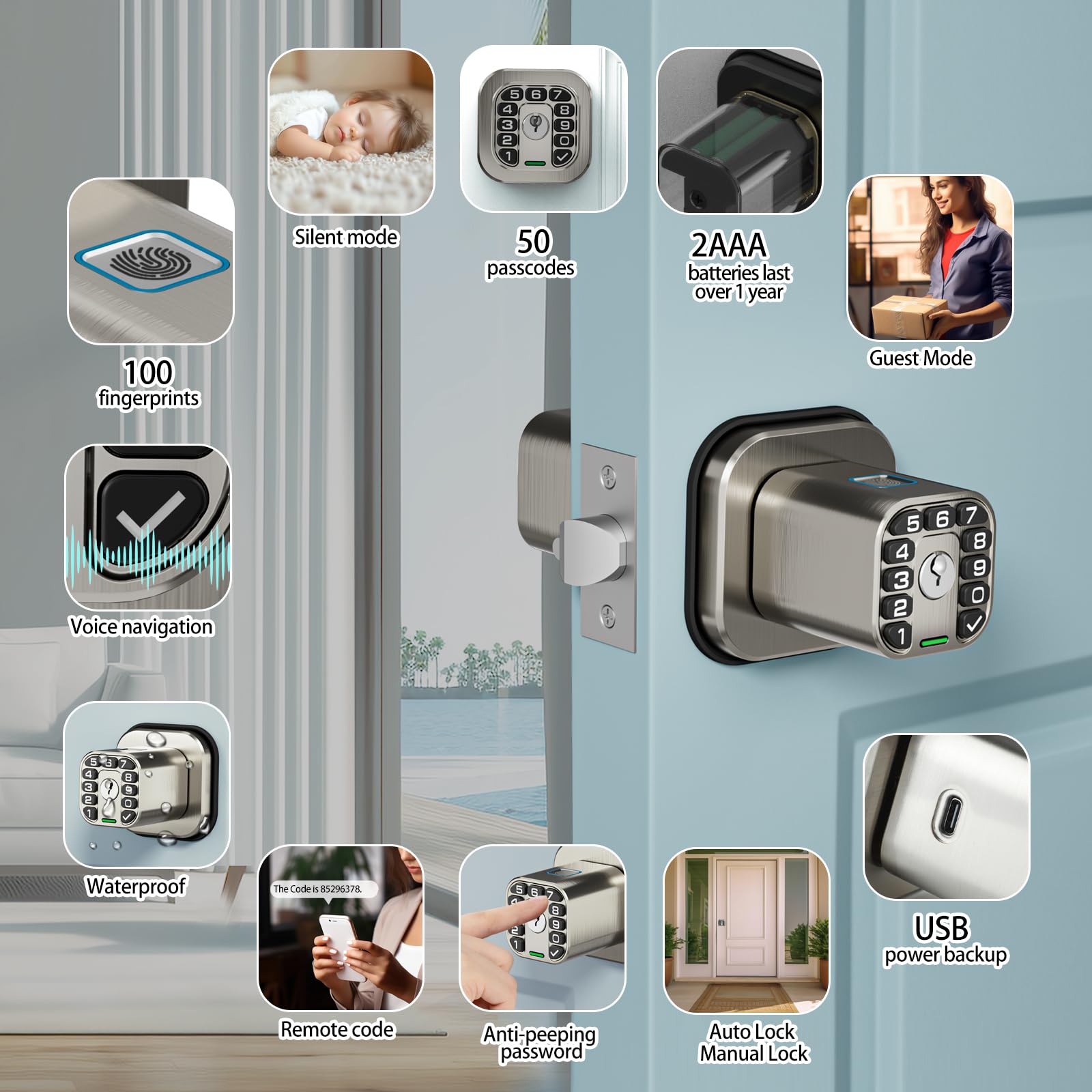 Richelock Fingerprint Door knob, Smart Biometric Door Lock with Keypad, Keyless Entry Code Door Knob, Waterproof & Weatherproof , Auto Lock ,Voice Navigation, For Bedroom, Gate,Office -Matte Black