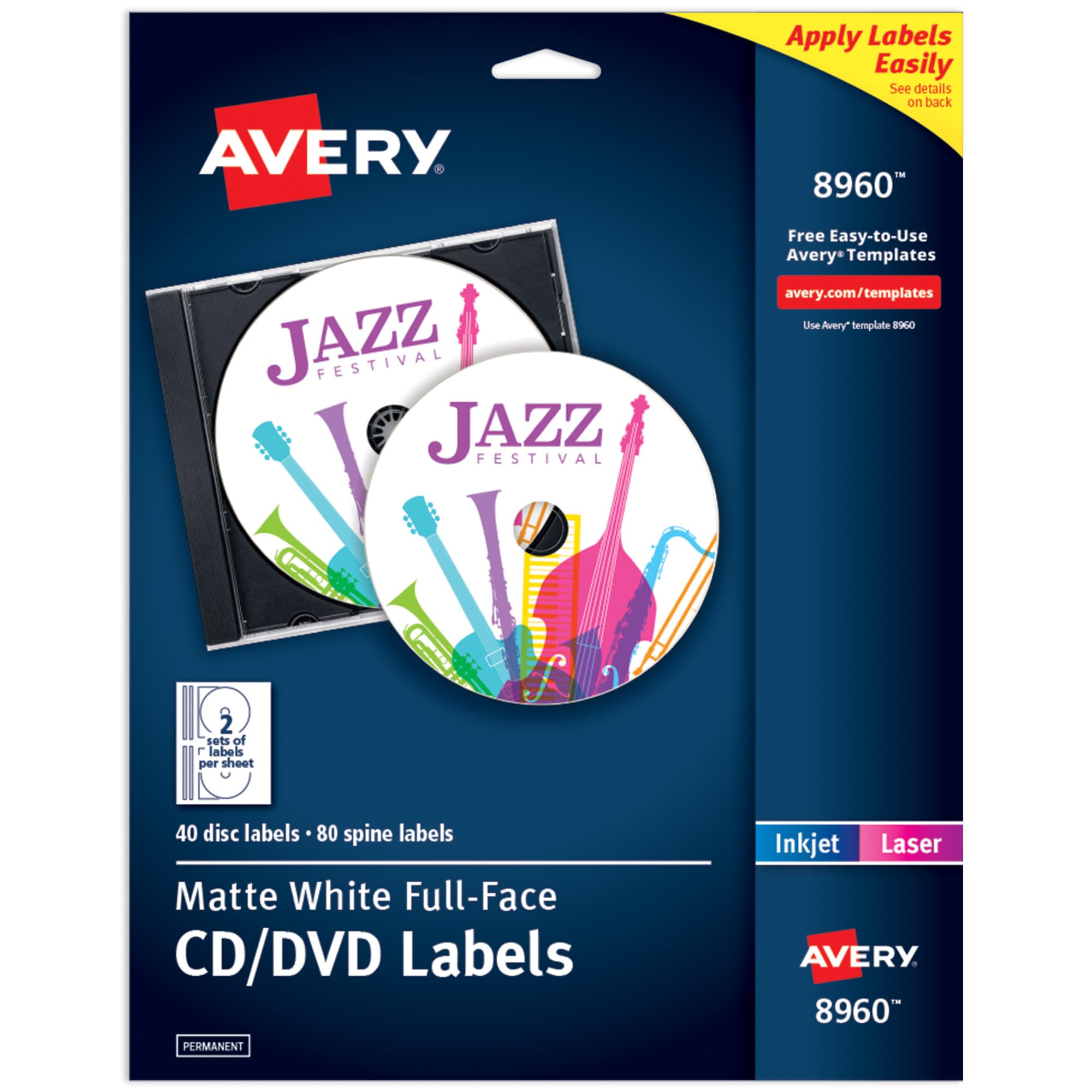 Avery Printable Full-Face CD Labels, Matte White, Permanent Adhesive, Laser & Inkjet Printers, 40 Blank CD Labels & 80 Spine Labels, Great for CD Labels, DVD Labels, PC Disc Labels, and More (8960)