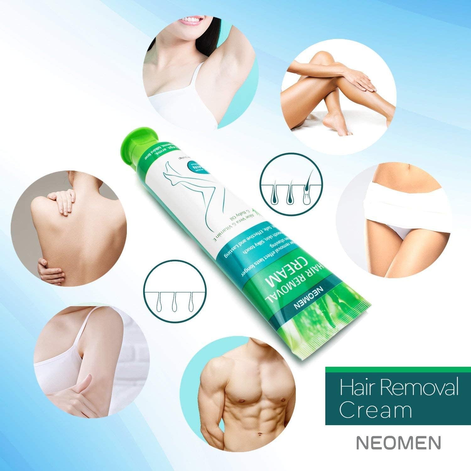 Neomen Hair Removal Cream for Men & Women : Painless Depilatory for Sensitive Skin & Intimate Areas, Moisturizing with Aloe Vera & Vitamin E, Safe for Face, Underarms, Bikini, Arms, Legs
