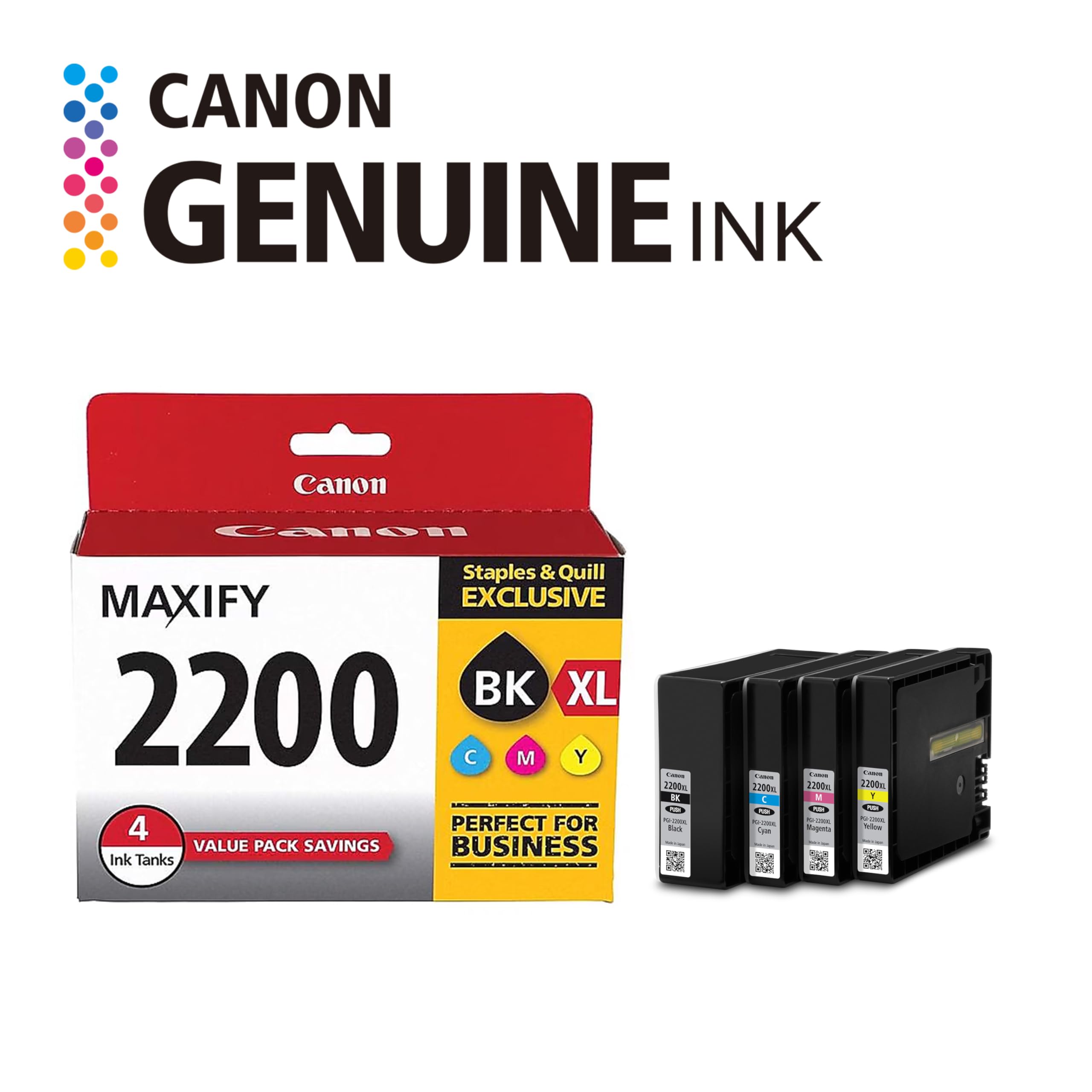 Canon PGI-2200 XL Genuine Four Color Value Pack, Compatible with MAXIFY: IB4120, MB5120, MB5420, IB4020, MB5020, and MB5320 (Optional) Printers