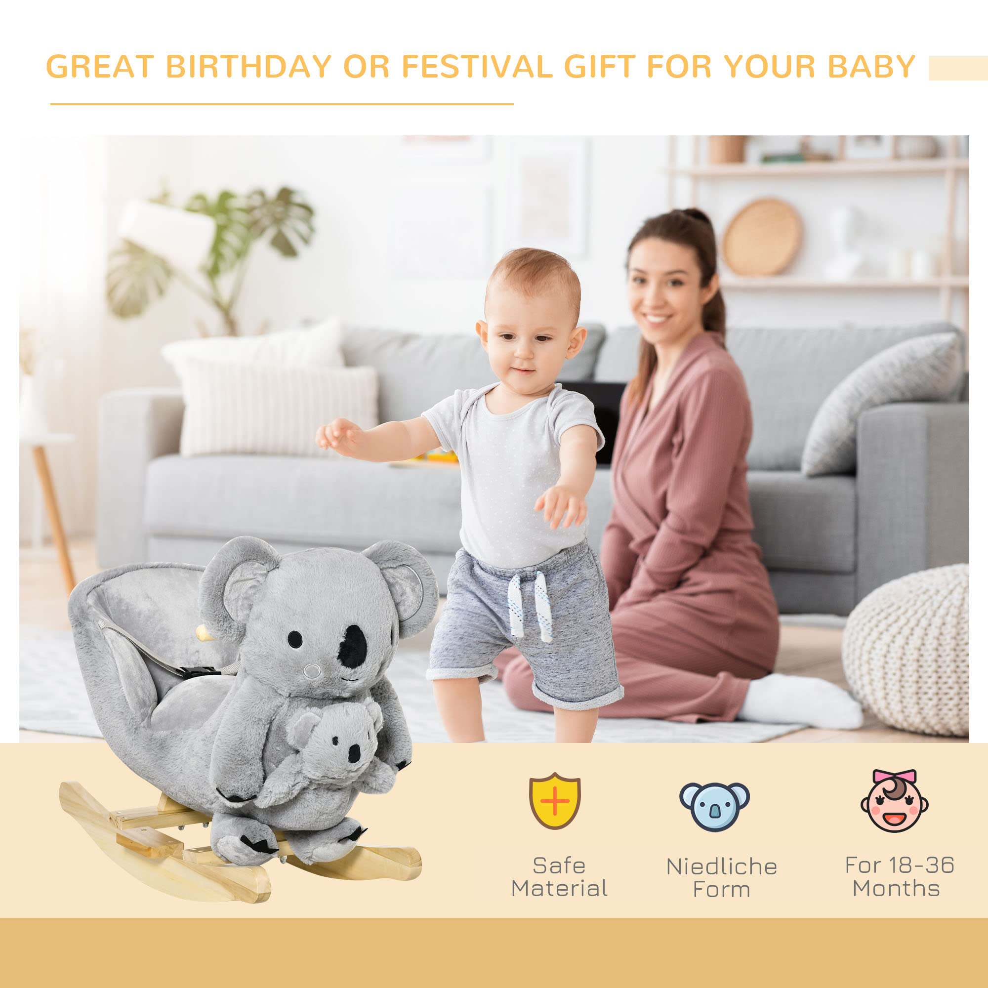 Qaba Kids Ride-On Rocking Horse, Koala-Shaped Rocker with Realistic Sounds for Children 18-36 Months, Gray