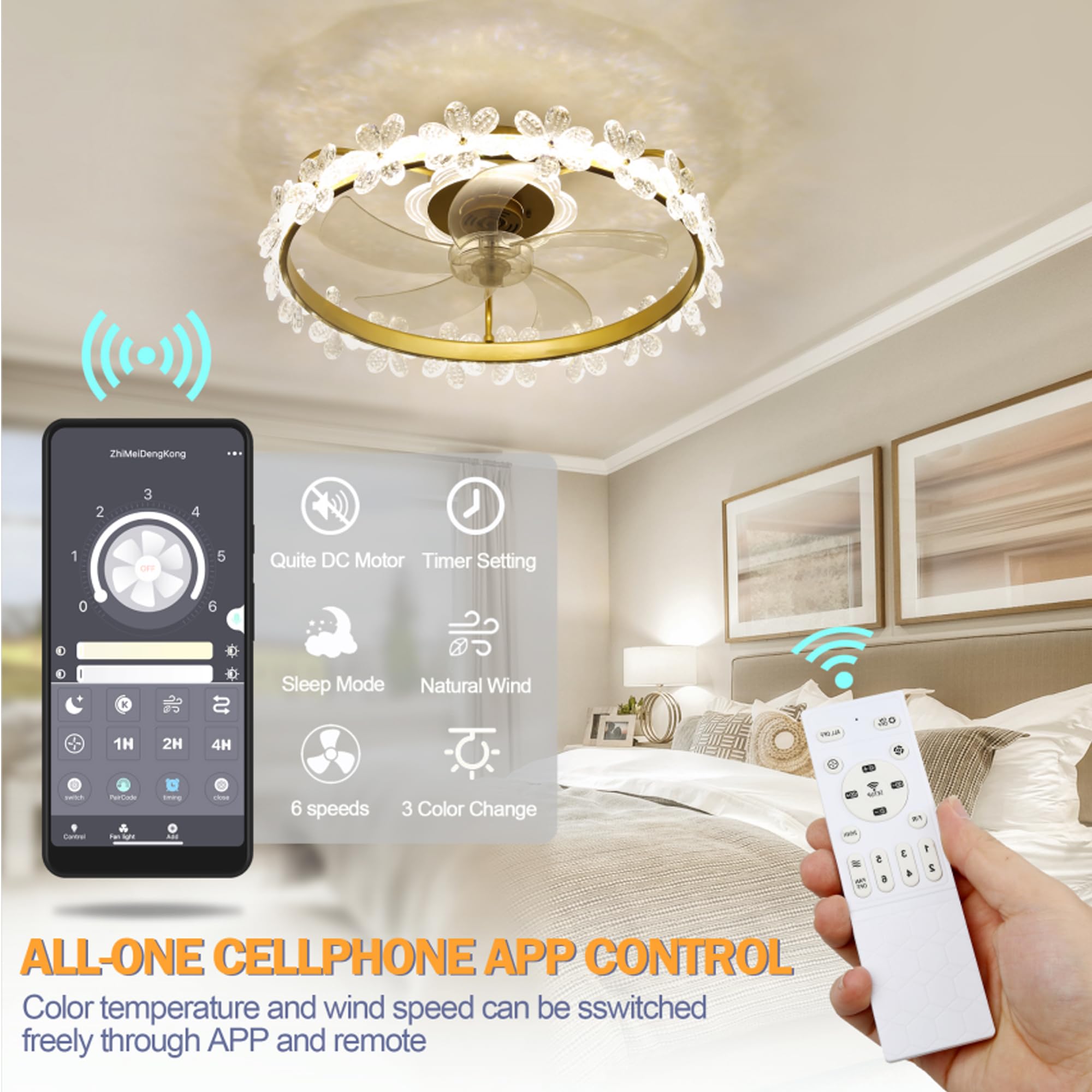 Oaks Aura Fandelier Ceiling Fan with Light and Remote, 22'' Dimmable LED, 3 Colors, 6 Speeds, Flush Mount Low Profile Small Ceiling Fan with APP Control for Kids Room Bedroom