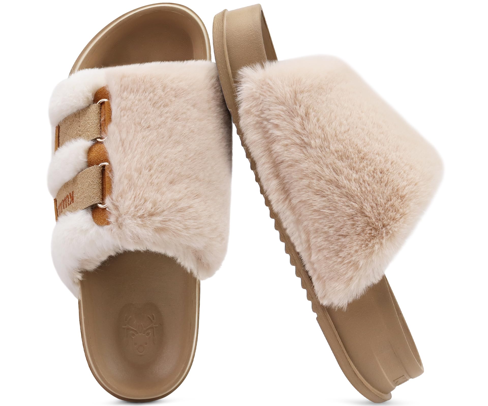 KuaiLu Womens Slides Soft Cushion Faux Fur Sandals for Women Open Toe House Slipper with Arch Support Ladies Slip On Fuzzy Platform Slipper Indoor Outdoor,Beige Size 8