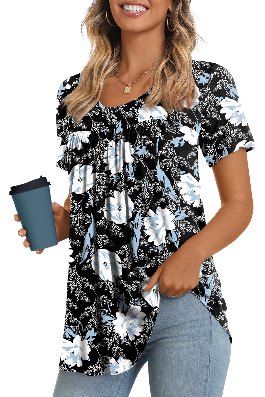 LONGYUAN Short Sleeve Tunics Loose Fit Casual Tops for Women Summer Hide Belly Comfy Shirts Blouse Fl Medium White Lily
