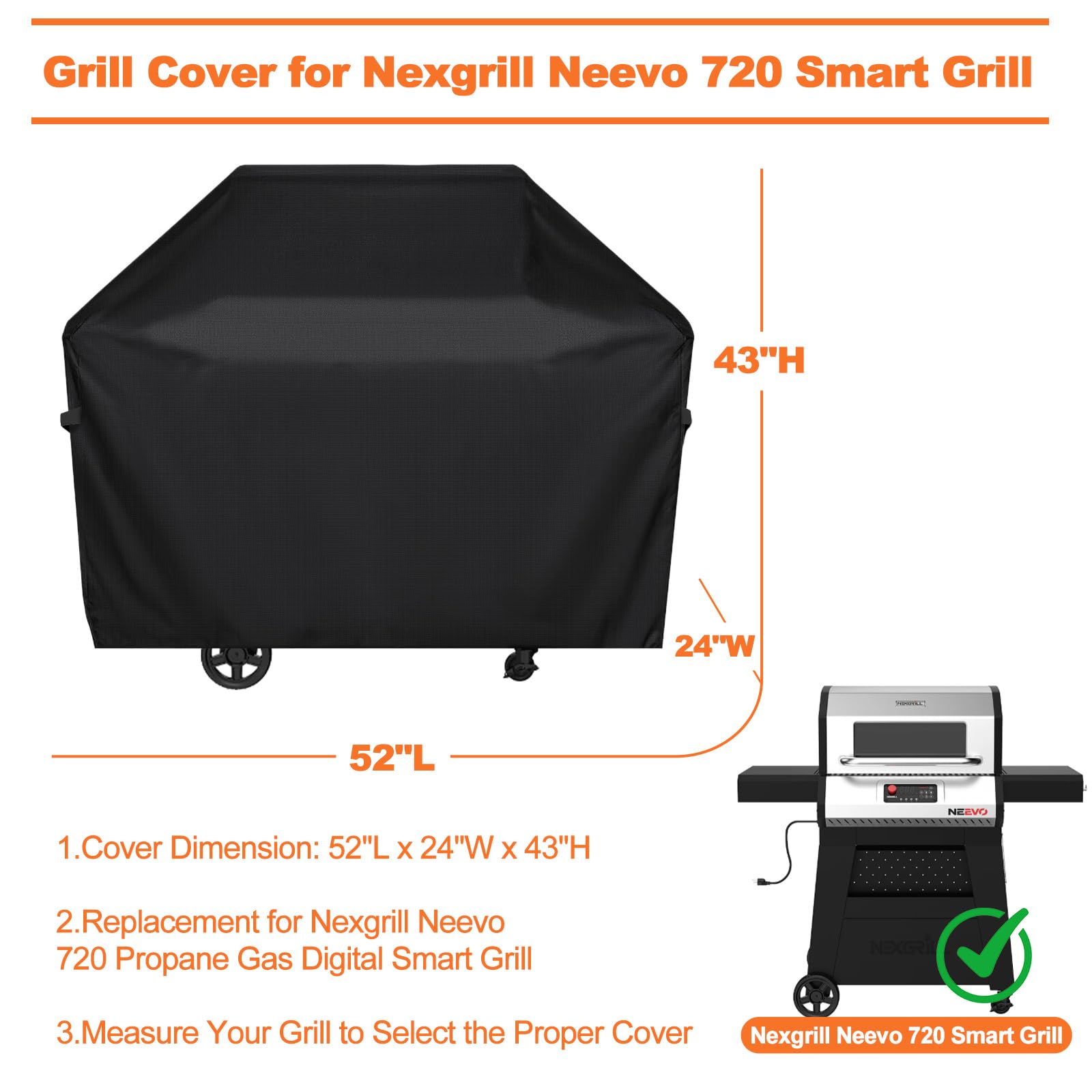 Grill Cover for Nexgrill Neevo 720 Smart Grill,for Nexgrill 720-0888/720-0830,52" L x 24" W x 43" H 600D Heavy Duty Waterpoorf Outdoor Fade Resistant BBQ Grill Cover for Nexgrill Neevo