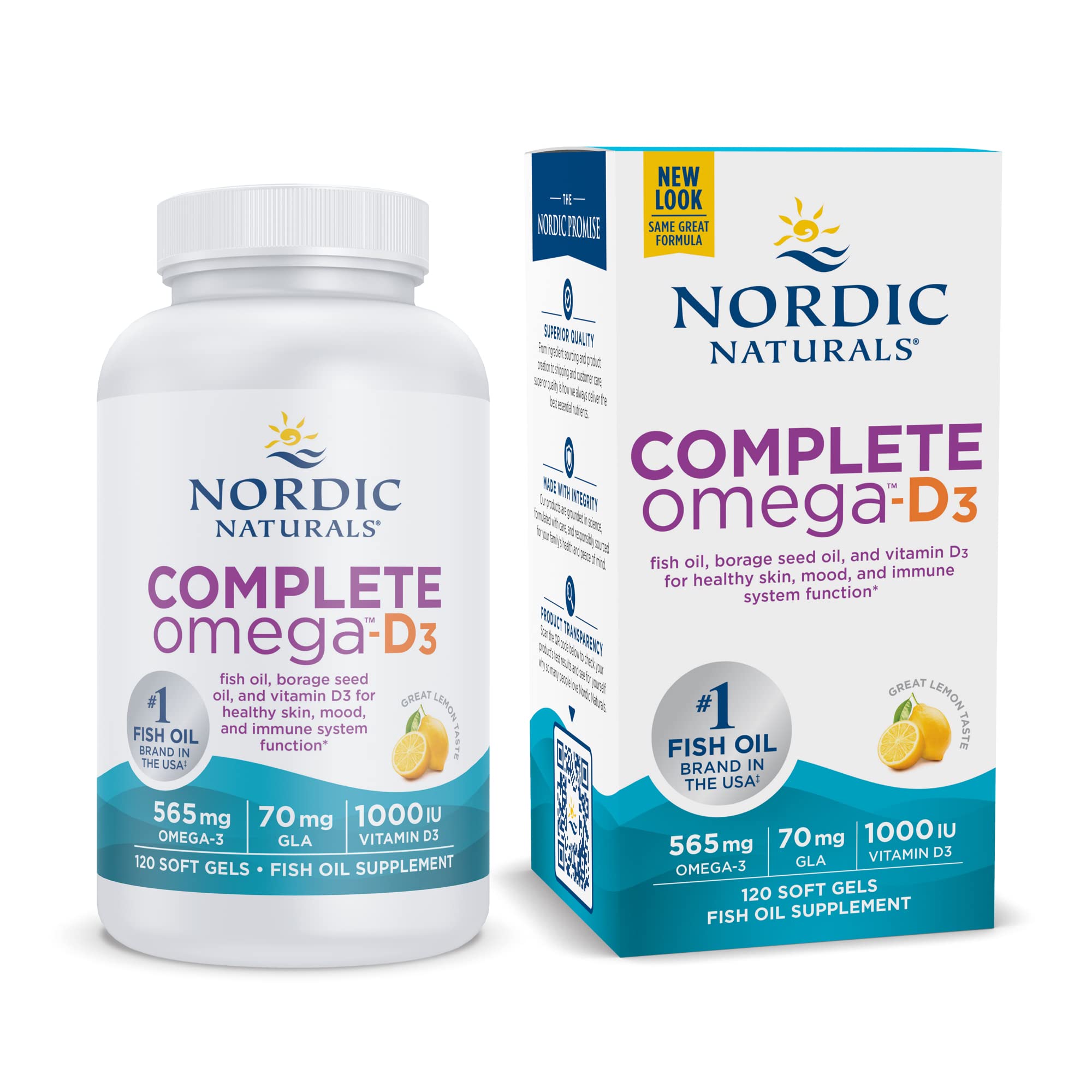 Nordic Naturals Complete Omega-D3, Lemon Flavor - 120 Soft Gels - 565 mg Omega-3 + 70 mg GLA + 1000 IU Vitamin D3 - EPA & DHA - Healthy Skin & Joints, Cognition, Positive Mood - Non-GMO - 60 Servings