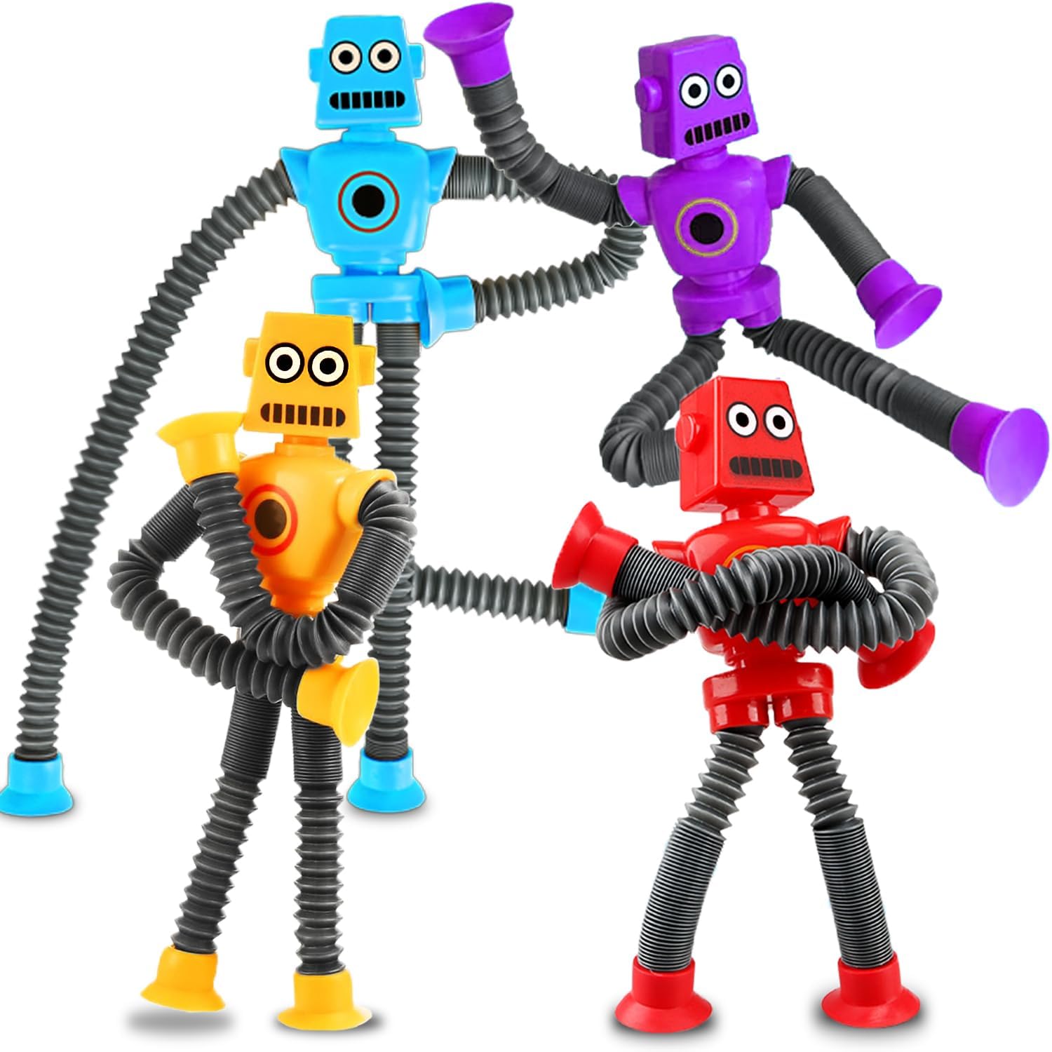 Easter Basket Stuffer Gift for Toddlers Boy Kid Year Old Age 3 4 5 6 7 8, Robot Sensory Travel Toy 4Pcs Airplane Autism Pop Tube Suction Fidget Toy Autistic Christmas Stocking Stuffers Valentines Day