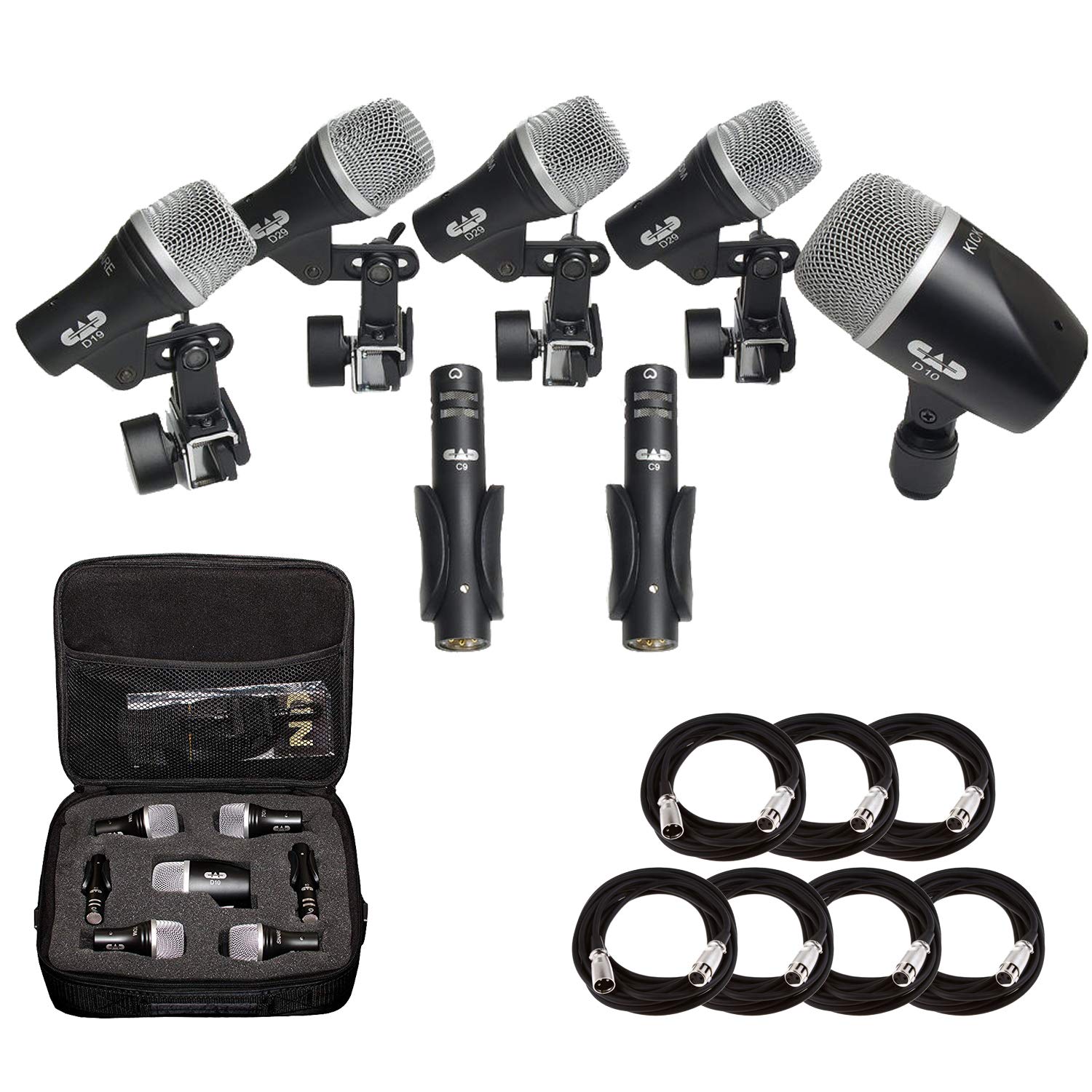 Cad Audio Stage7 Premium 7-Piece Drum Instrument Mic Pack with Vinyl Carrying Case + 7 On Stage Microphones Cables, 20 Feet, XLR