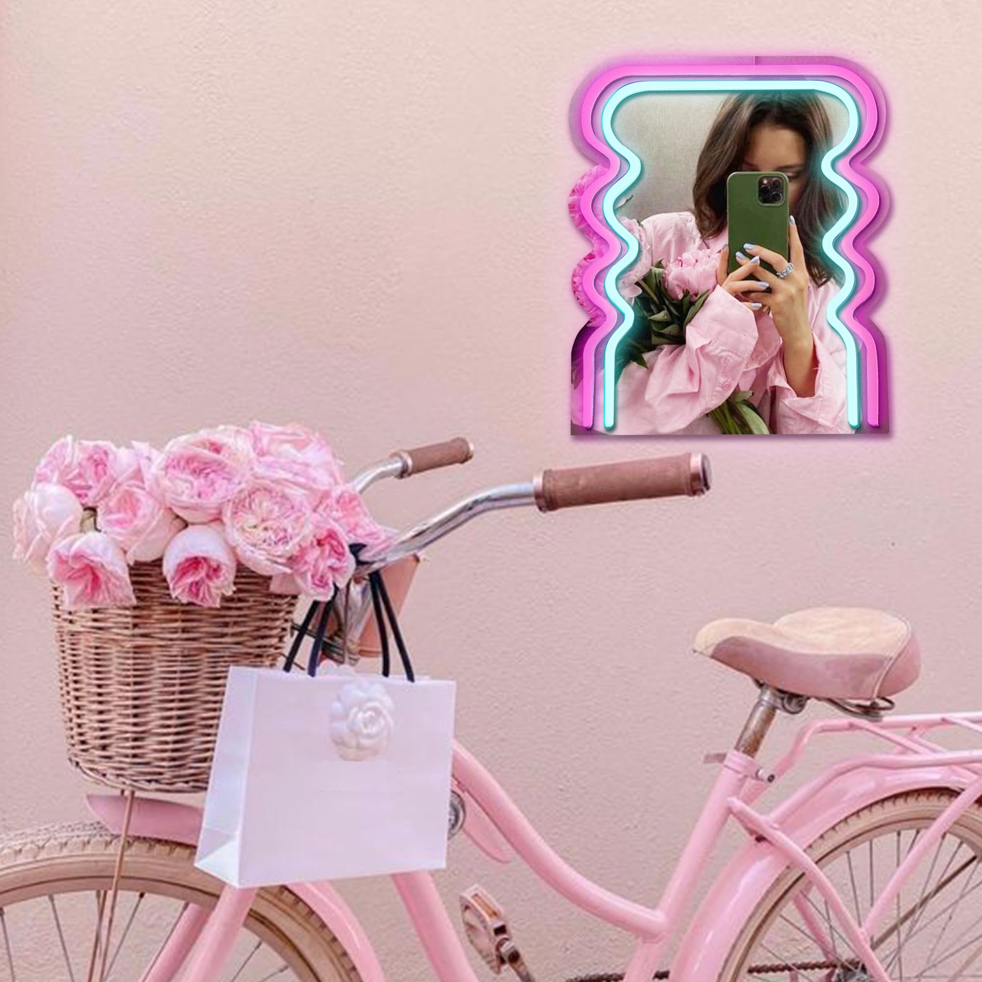 Archway Wave Neon Sign Mirror for Wall Decor, Powered by USB, 3D Art Neon Light, Pink and Blue, 13"x11" inch, LED Light Wall Mirror,Makeup Mirror with Lights for Women Gift