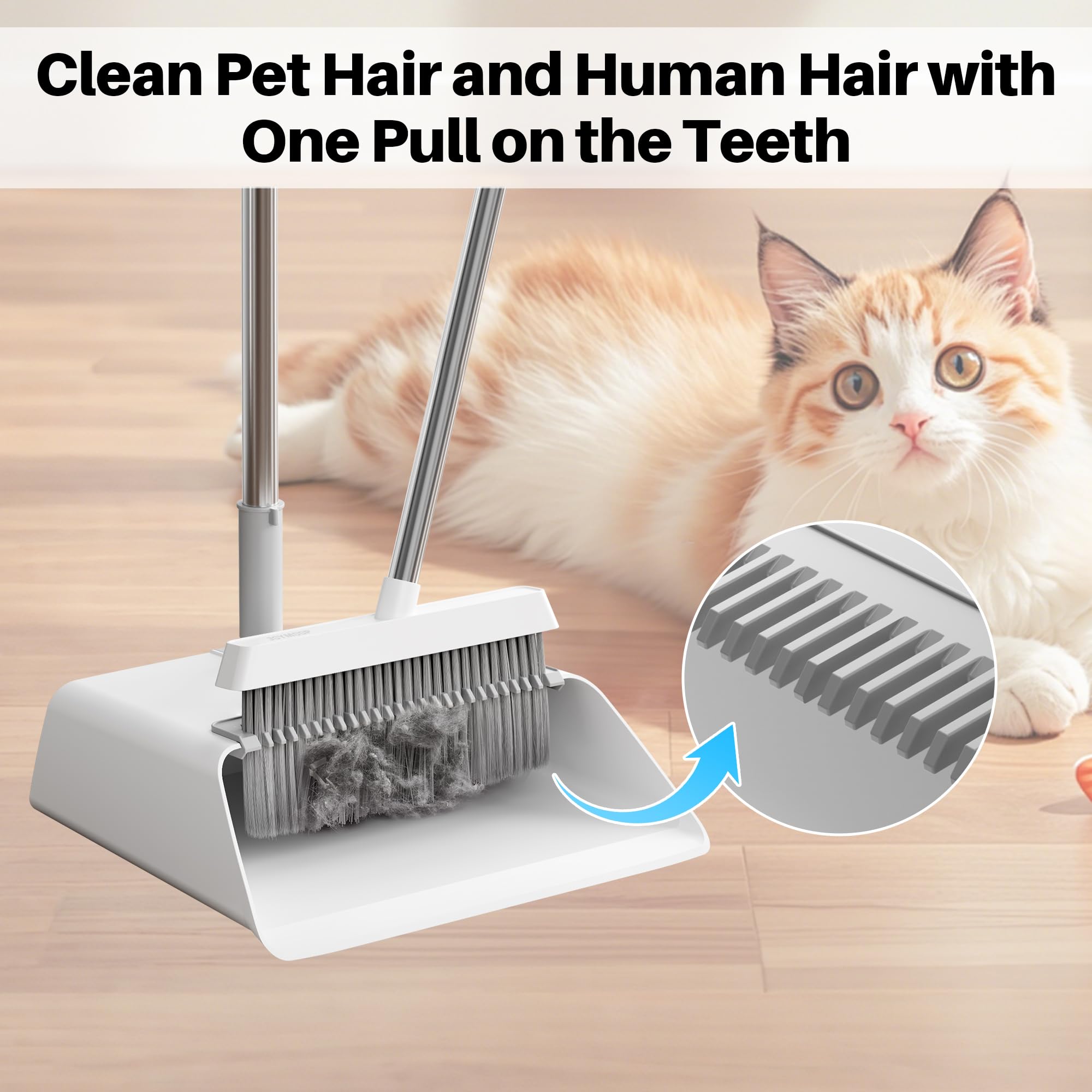 JOYMOOP White Broom and Dustpan Set, Upright Angle Design with Built-in Comb Teeth for Kitchen, Office, Pet Hair, Hard Floors