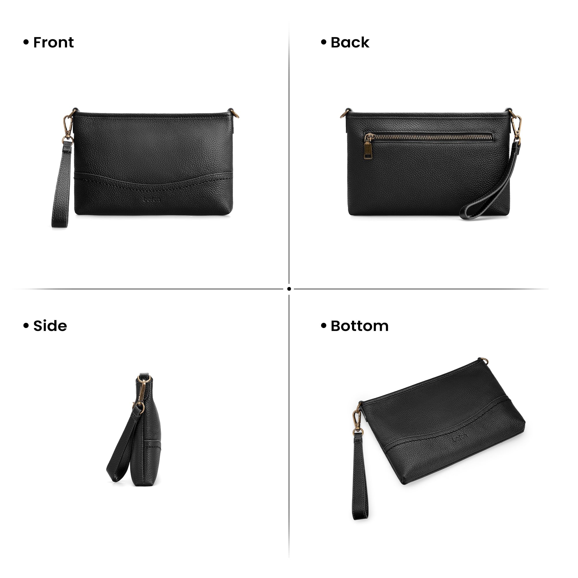befen Genuine Leather Wristlet Wallets for Women Black Clutch Purse RFID Blocking Small Crossbody Bags Cell Phone Wallet Soft Leather Purse for Travel Women Shoulder Handbag with 2 Removable Straps