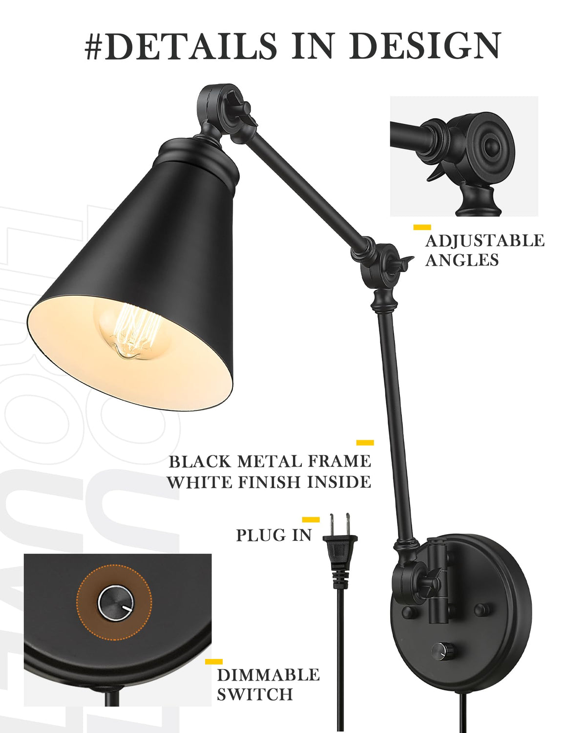 LIROUVET Plug in Wall Sconces Set of Two, Adjustable Swing Arm Wall Lamp, Industrial Sconces Wall Lighting with Dimmable On/Off Switch Plug-in Cord, Black Foldable Wall Light for Bedroom WL02-2PKBK
