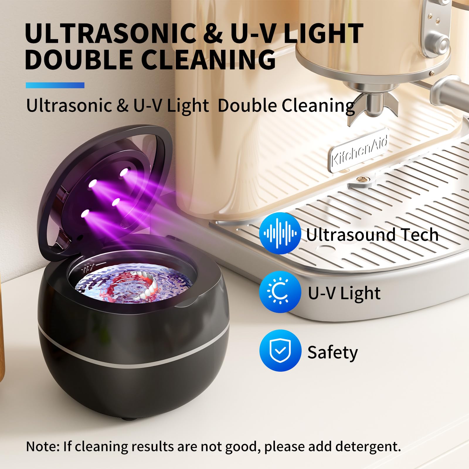 Ultrasonic Retainer Cleaner, 30W/42Khz Professional Retainer Cleaner Machine with Digital Timer, 180ML Portable Ultrasonic Jewelry Cleaner for Dentures, Aligner, Braces, Mouth Guard(Black)