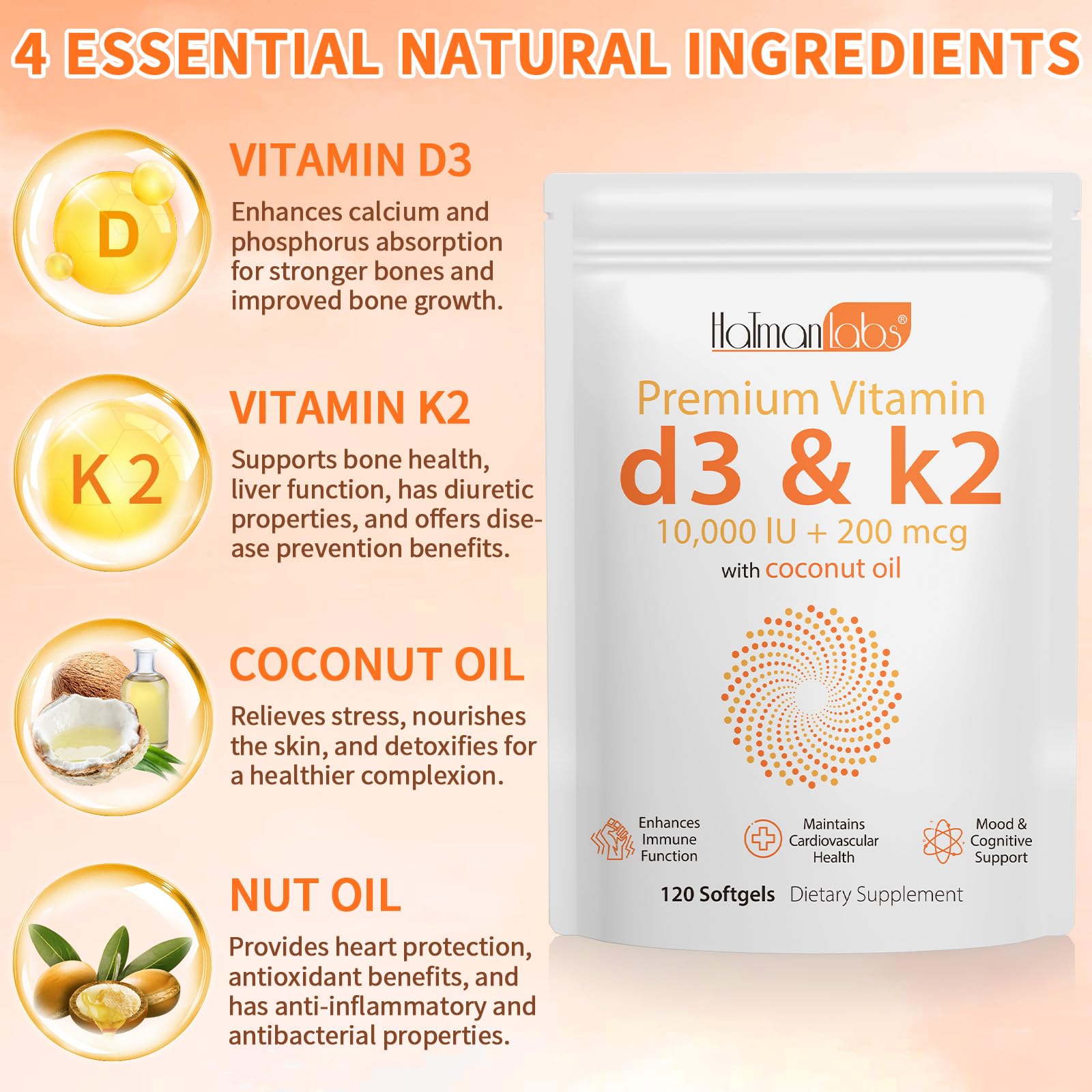 MXCZBSM Vitamin D3 K2 Supplement Softgel, Vitamin D3 K2 Softgel with 10000 IU Supports Immune, Heart, Teeth & Bone Health, Free of GMO, Gluten, Soy