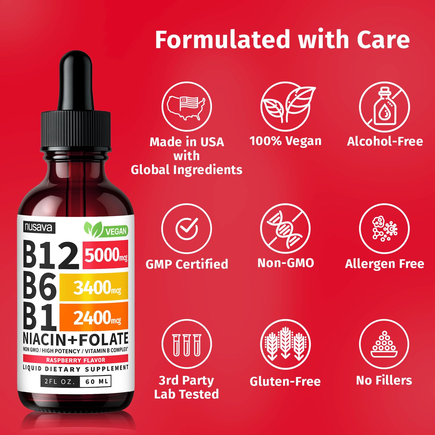 (2 Pack) Vitamin B12 and B6 Liquid Drops, B12 Sublingual Vitamin B Complex - B 12 Vitamin 5000mcg - B12 Methylcobalamin for Energy, Brain, and Heart Support with 27,200 mcg, Raspberry, 80 Servings