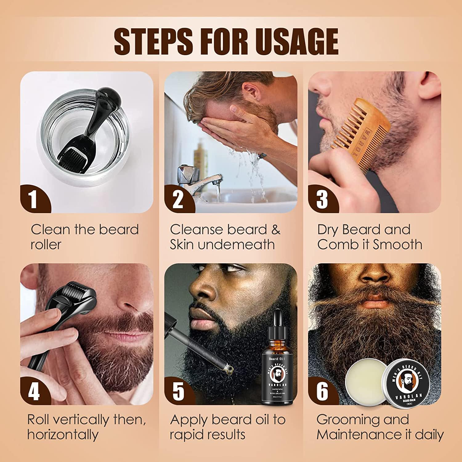 Varolan Beard Growth and Grooming Kit - Growth Oil (2Oz), Balm, Comb, E-book, Storage Bag, Mustache Mens Gift Set for Him
