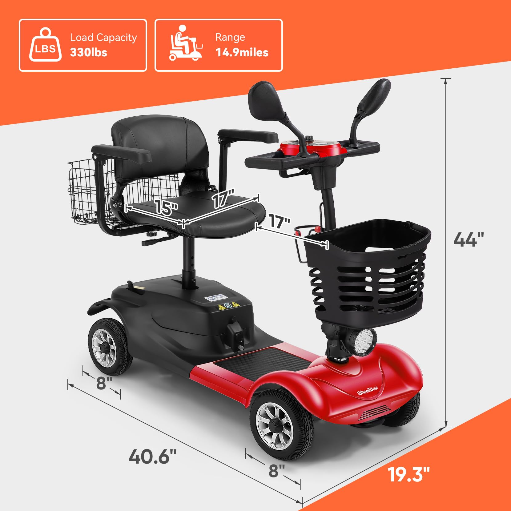 WheelWavi Powered Mobility Scooters, 15miles 4-Wheel Foldable Electric Scooter for Seniors & Adults – Heavy Duty Travel Model with Long-Lasting Battery, Front Basket, and LED Lights (Red)