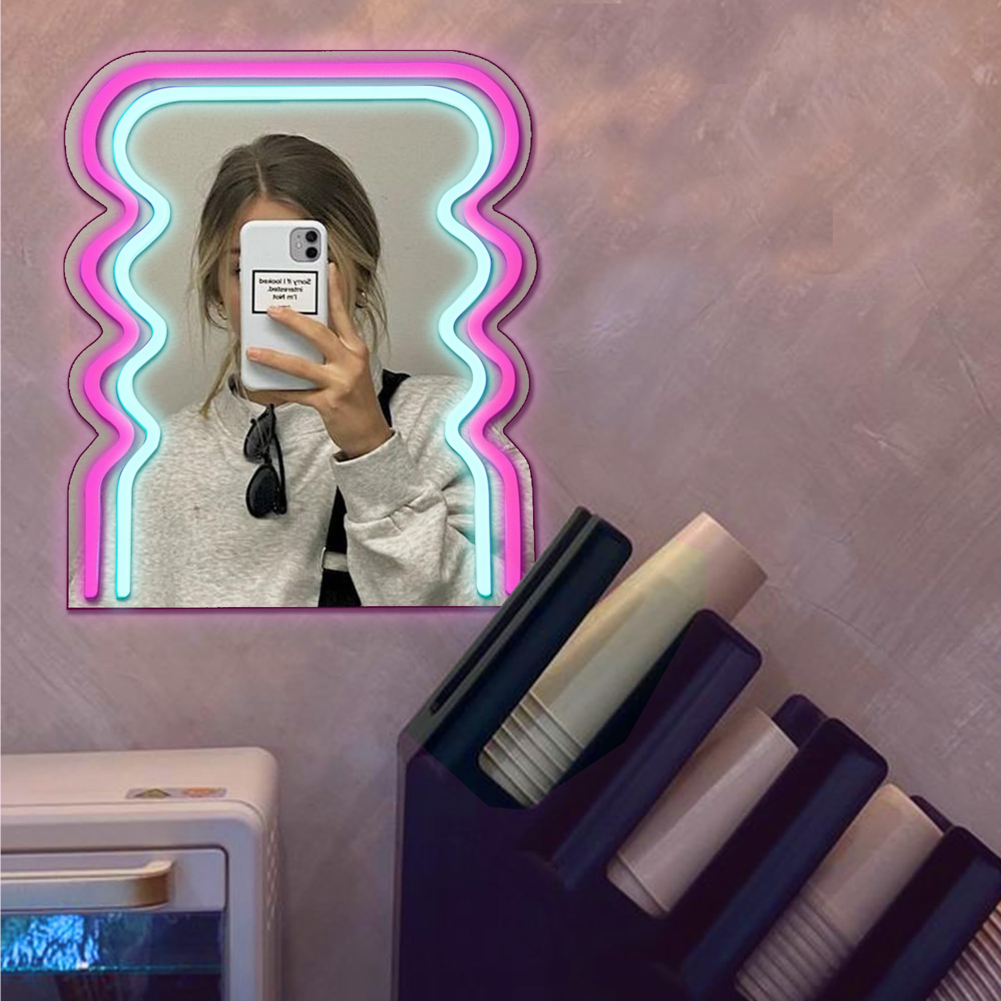 Archway Wave Neon Sign Mirror for Wall Decor, Powered by USB, 3D Art Neon Light, Pink and Blue, 13"x11" inch, LED Light Wall Mirror,Makeup Mirror with Lights for Women Gift