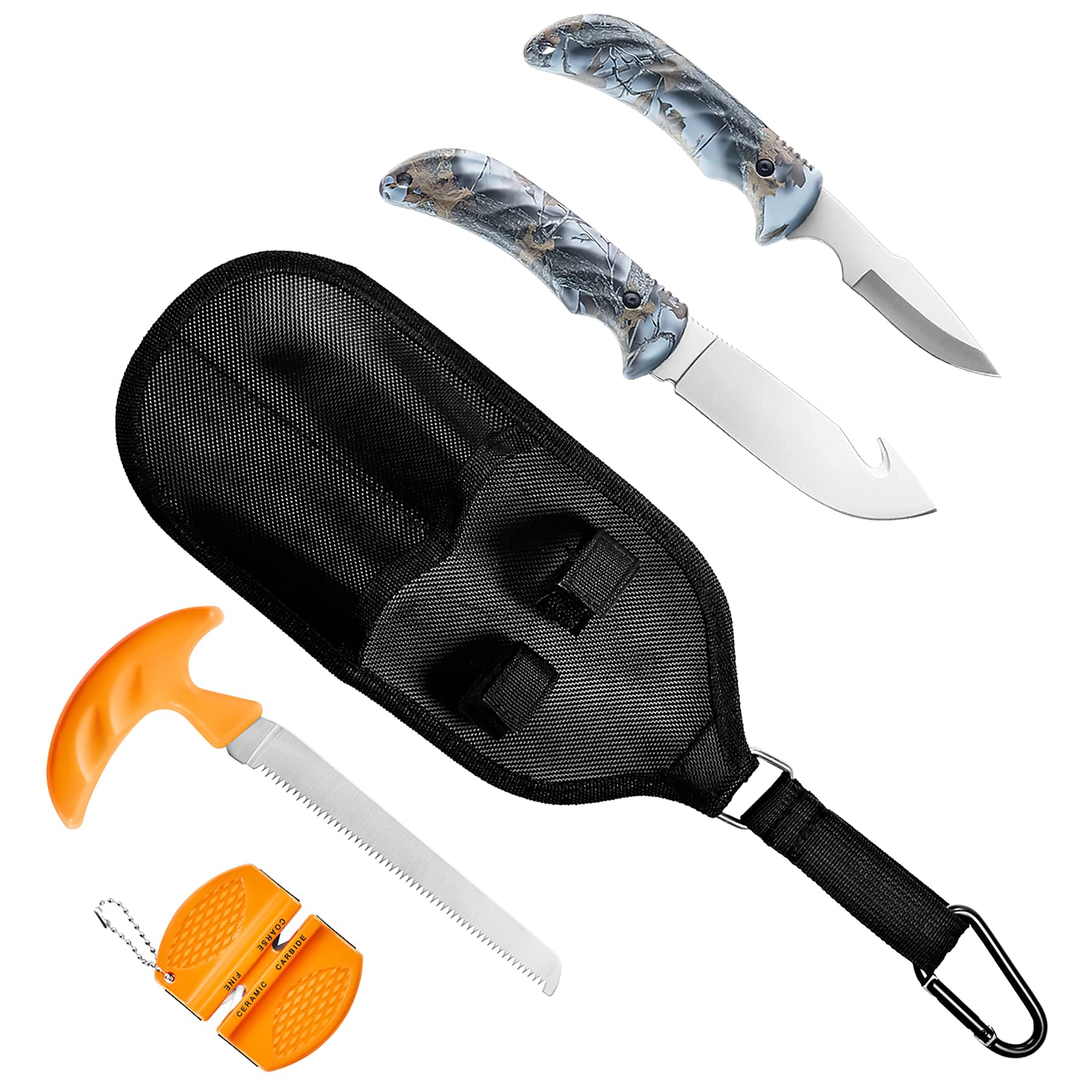 KNINE OUTDOORS 4-piece Hunting Knife and Saw Combo Set, Gut-hook Skinner, Fixed Blade Caping Knife, Nylon Belt Sheath
