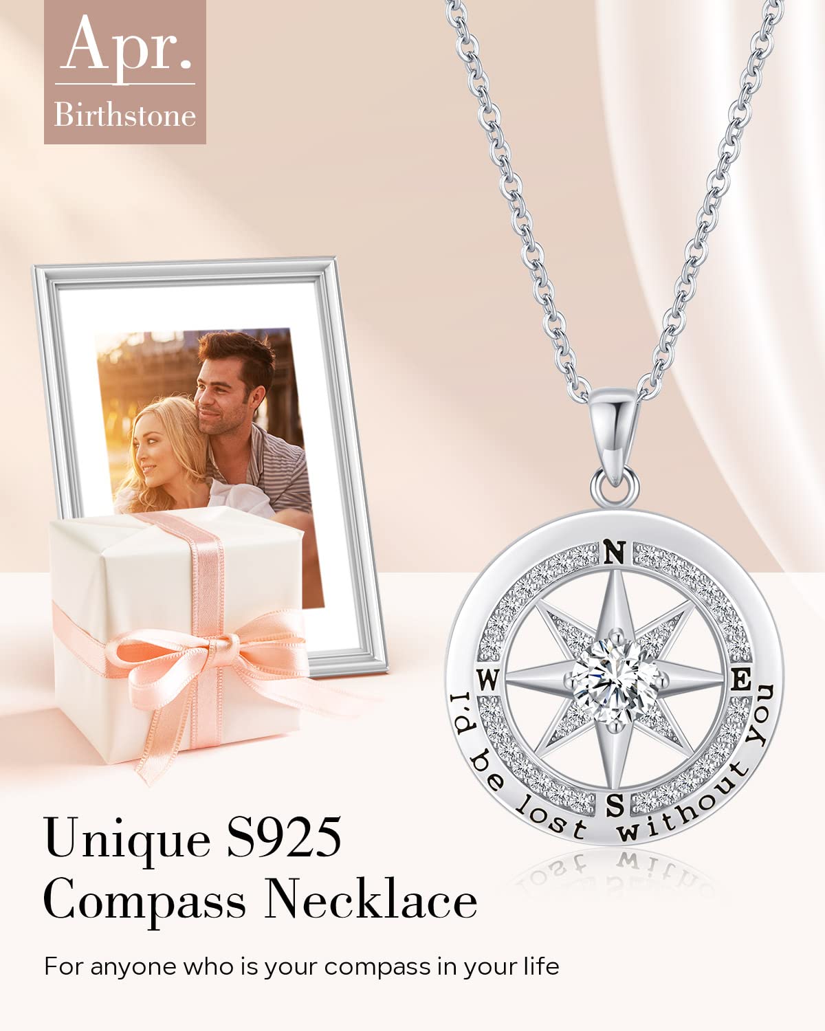 S925 Necklace Gift for Wife |Compass Jewelry |Women Anniversary |Sterling Silver |Girlfriend Birthday Gifts for Her Valentines |I'd be Lost without You|Jewel 18K White Gold