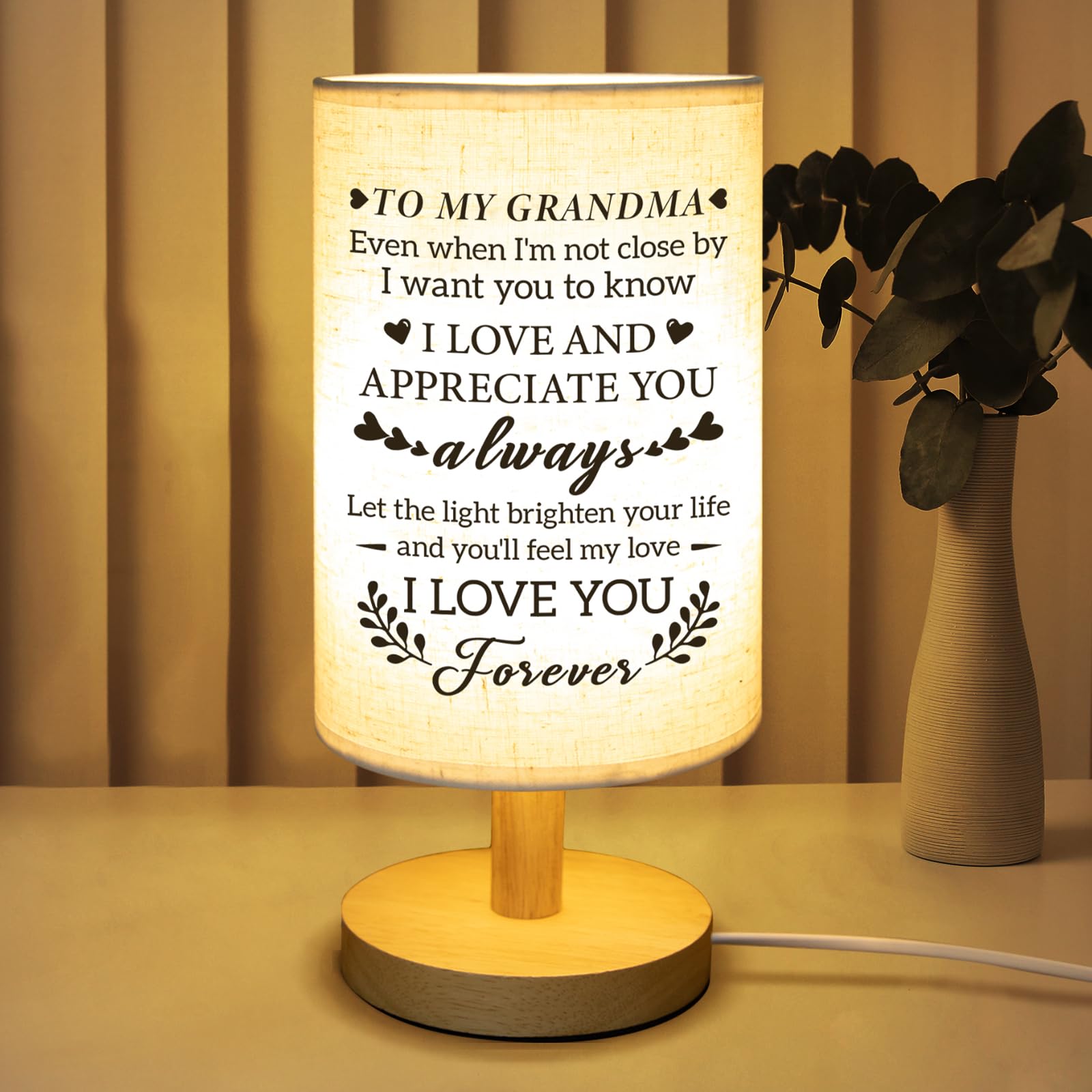 Calibron Christmas Gifts for Grandma from Grandkids, Grandma Christmas Gifts Fabric Lamp, Birthday Gifts for Grandma Table Lamp with Wooden Stand Unique Grandma Gifts