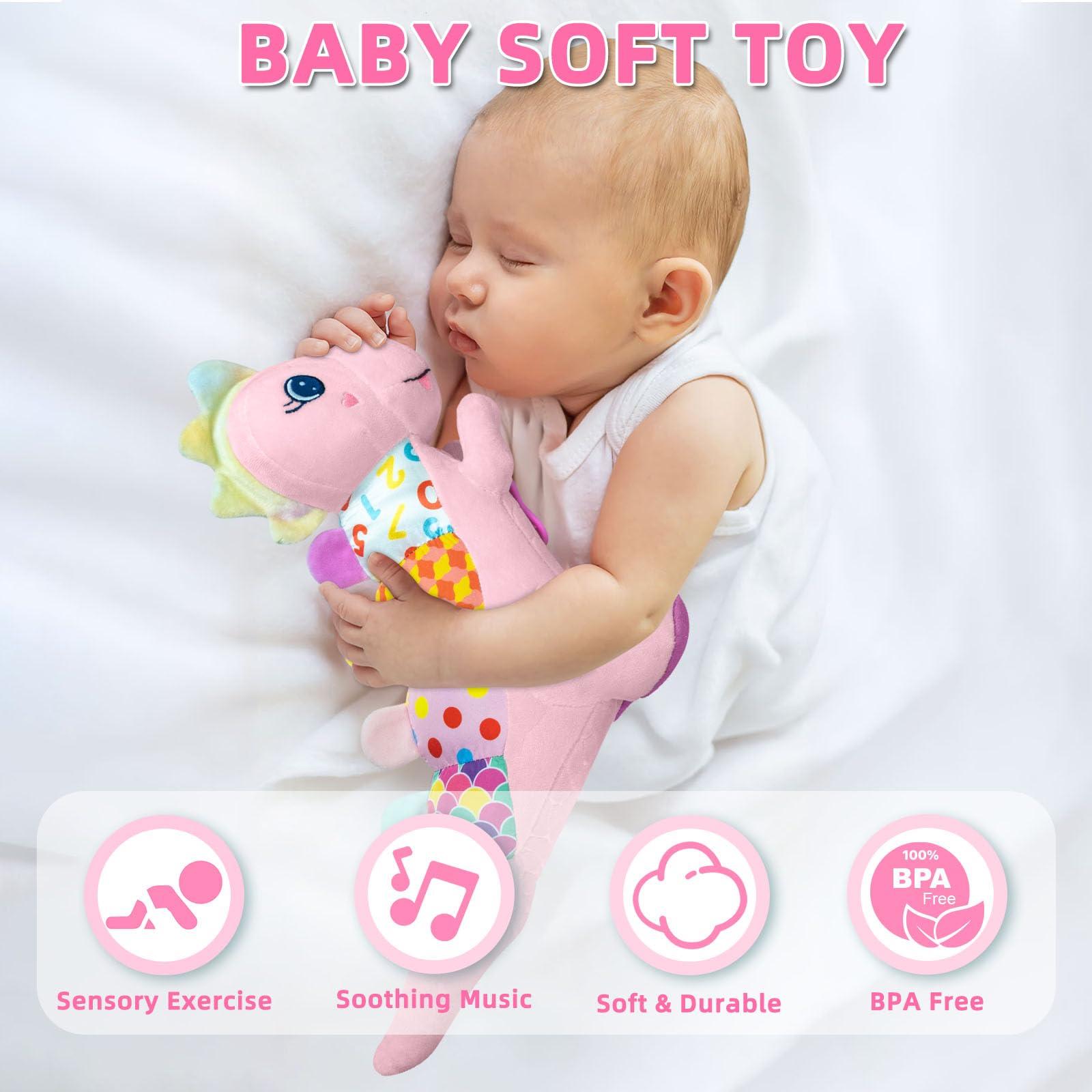 Baby Dino Musical Stuffed Animal Toys for 0-3-6-9-12 Months,Infant Dinosaur Tummy Time Toys with Crinkle Sound Paper,Teether,Textures & Rattles for Newborn Boys Girls Birthday Gifts,Pink