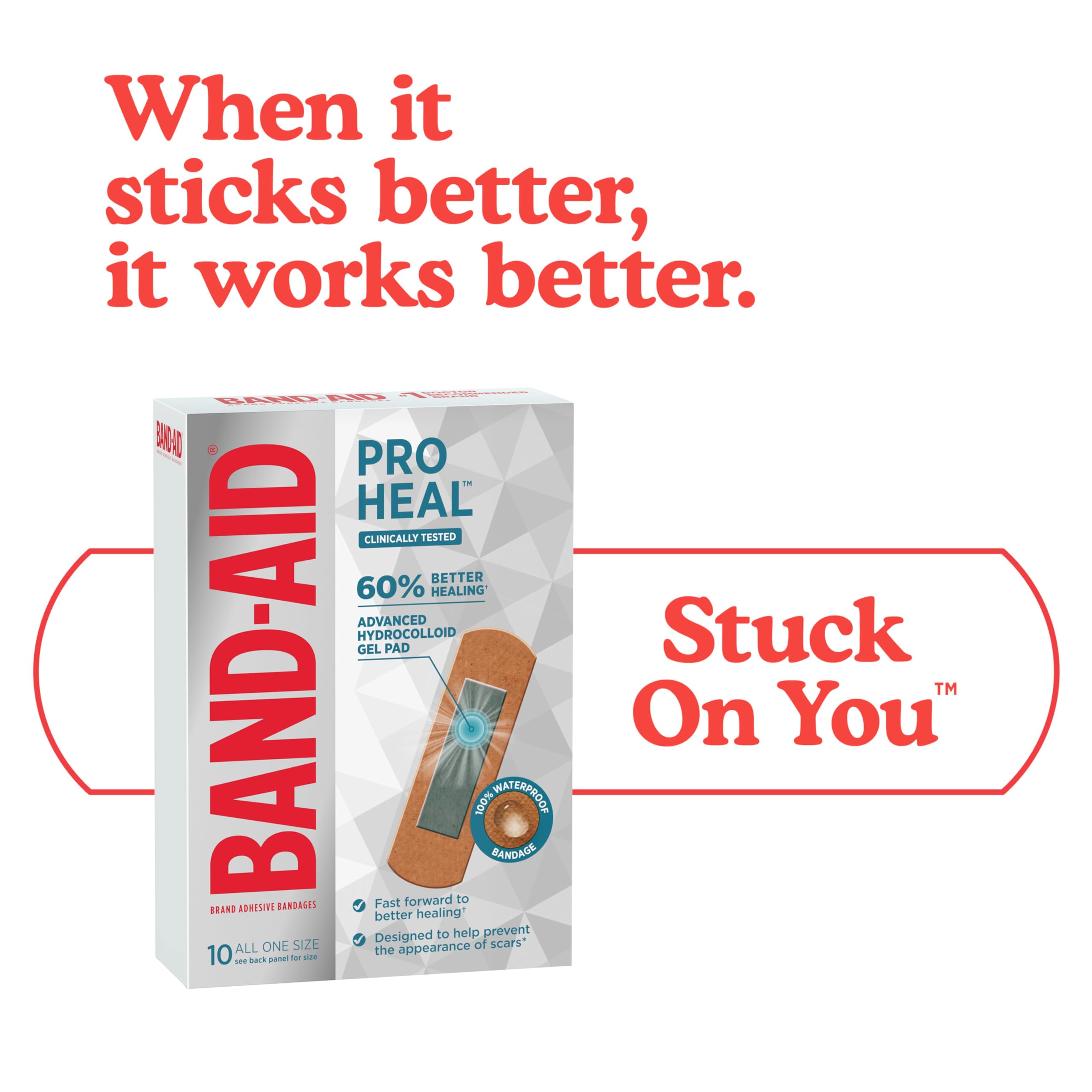 Band-Aid Brand Pro Heal Adhesive Bandages with Hydrocolloid Gel Pad, Clinically Tested Waterproof Bandages, Better Healing of Minor Wounds, Sterile First Aid Bandages, All One Size, 10 ct