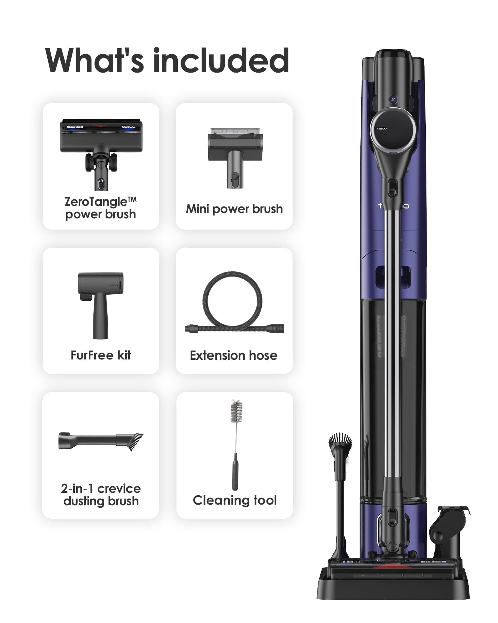 Tineco Pure ONE Station FurFree Cordless Vacuum Cleaner with 3L Auto Dust Base, Smart Stick Vacuum Cleaner Powerful Suction & Lightweight, ZeroTangle Brush for Hard Floor, Carpet & Pet Hair, Blue