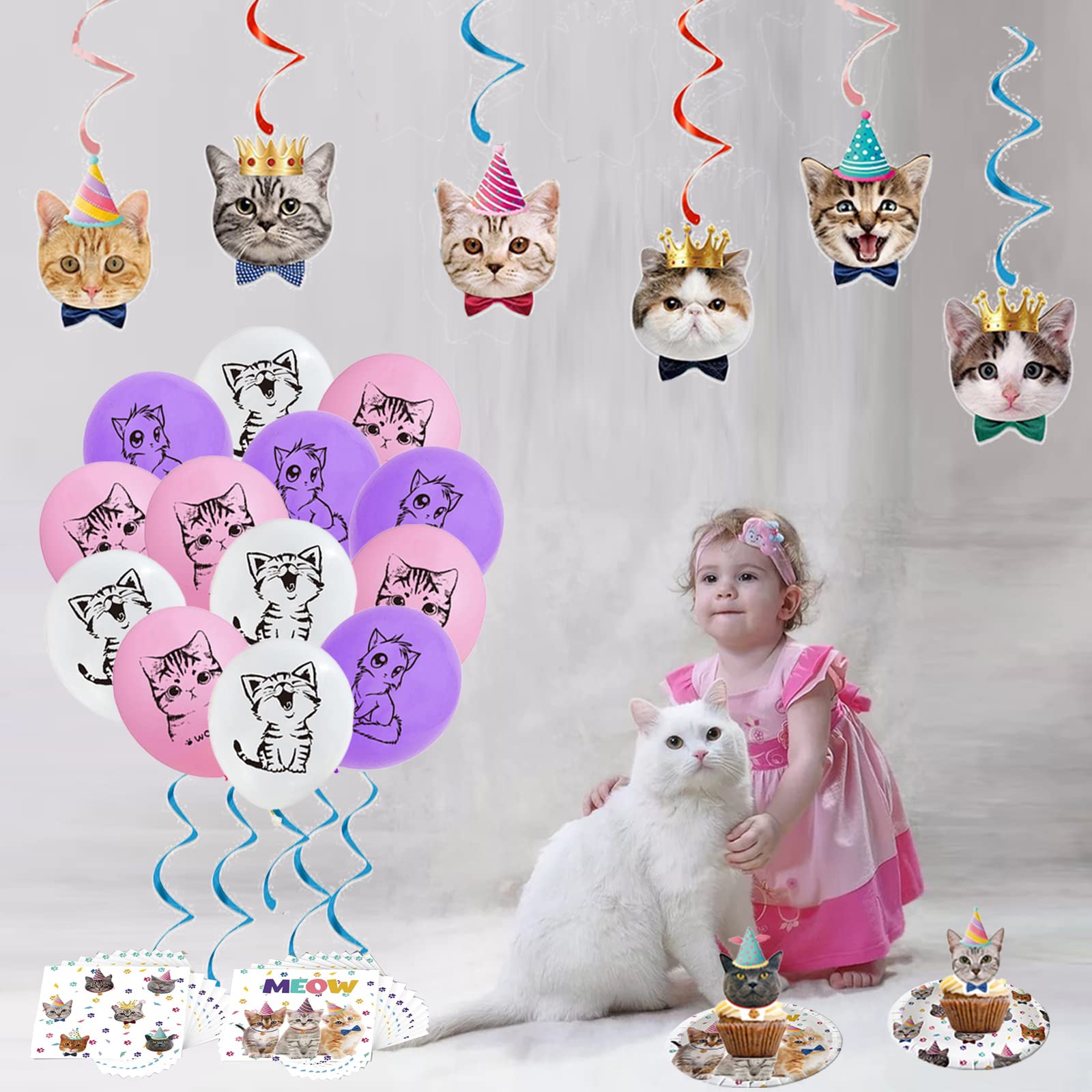 137PCS Cat Birthday Party Supplies Serves 20 Guests Kitten Birthday Party Decorations Plates Banner Napkins Balloons Tablecloth Cake Toppers for Cats Themed Birthday Parties Supplies