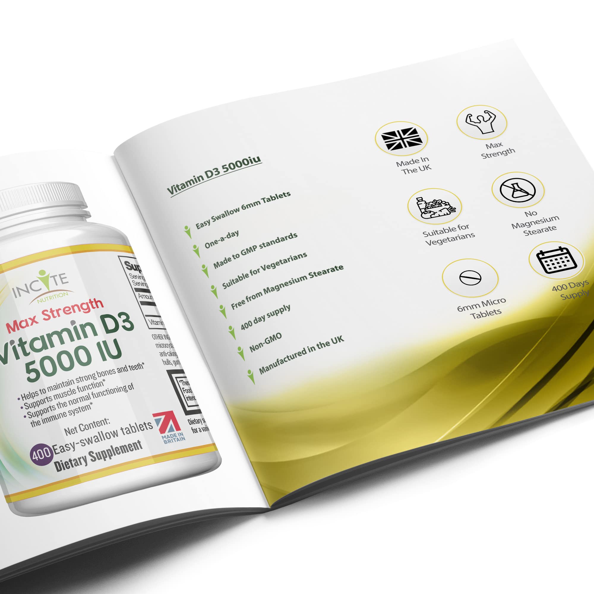 Incite Nutrition Vitamin D 5000 iu - 400 Premium Vitamin D3 Easy-Swallow Micro Tablets - One a Day High Strength Cholecalciferol VIT D3 5000iu - Vegetarian Supplement - Made in The UK