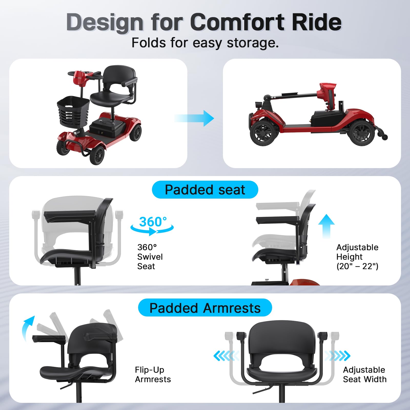 Hoverfly T4 Mobility Scooter for Seniors, Max 12.4-Mile Range & 3.7 mph, 3-Position Seat & Anti-slip Rear Wheel, Removed Battery&Quick Fold Design, Solid 9" Tire &330 lb Capacity, Ease of Assembly Red