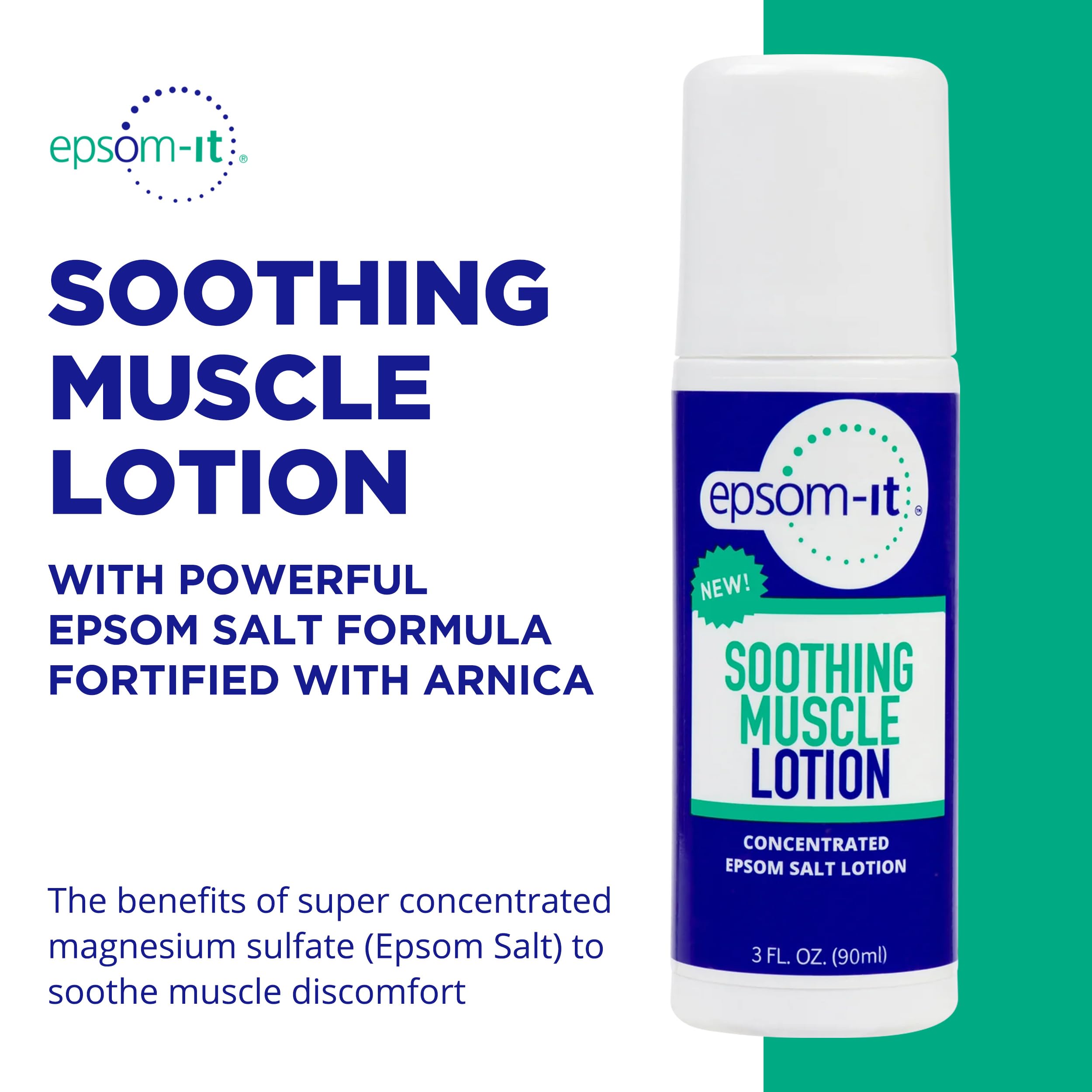 Epsom-It Soothing Muscle Lotion - Roll On Epsom Salt Lotion with Arnica for Muscle Aches and Stiffness, Leg Cramps, Knees and Tired, Achy Feet, Topical Magnesium Cream, 3oz.