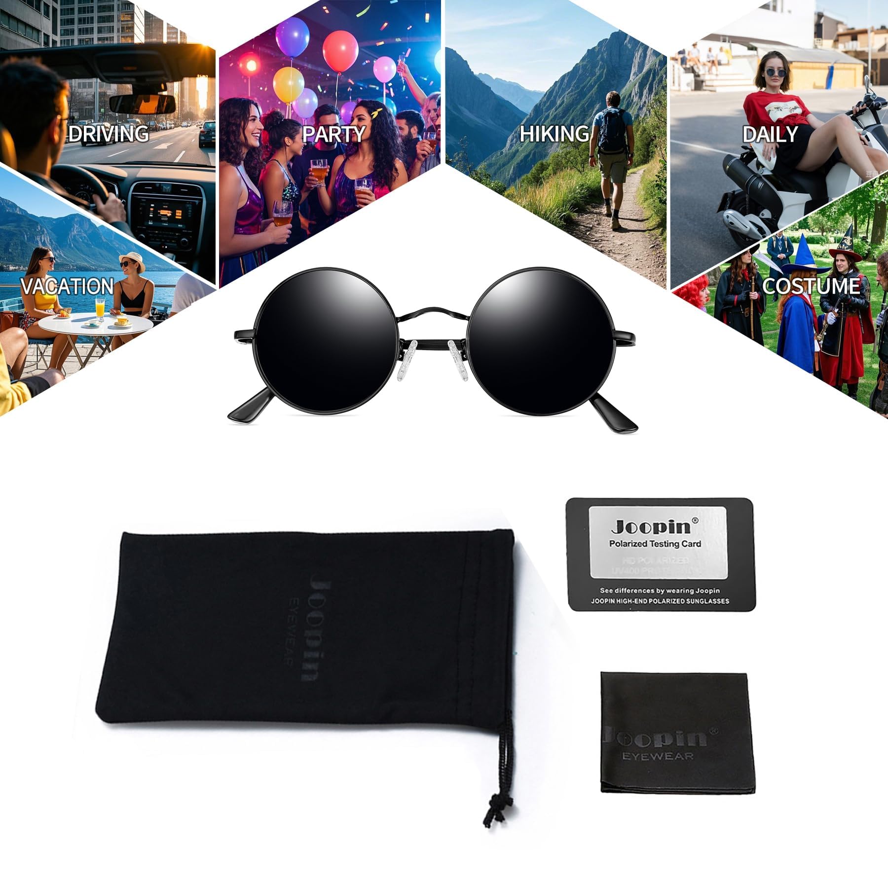 Joopin Polarized Round Sunglasses Circle Sun Glasses UV Protection Circular Shades for Men Women Costume (Black Simple Packaging)