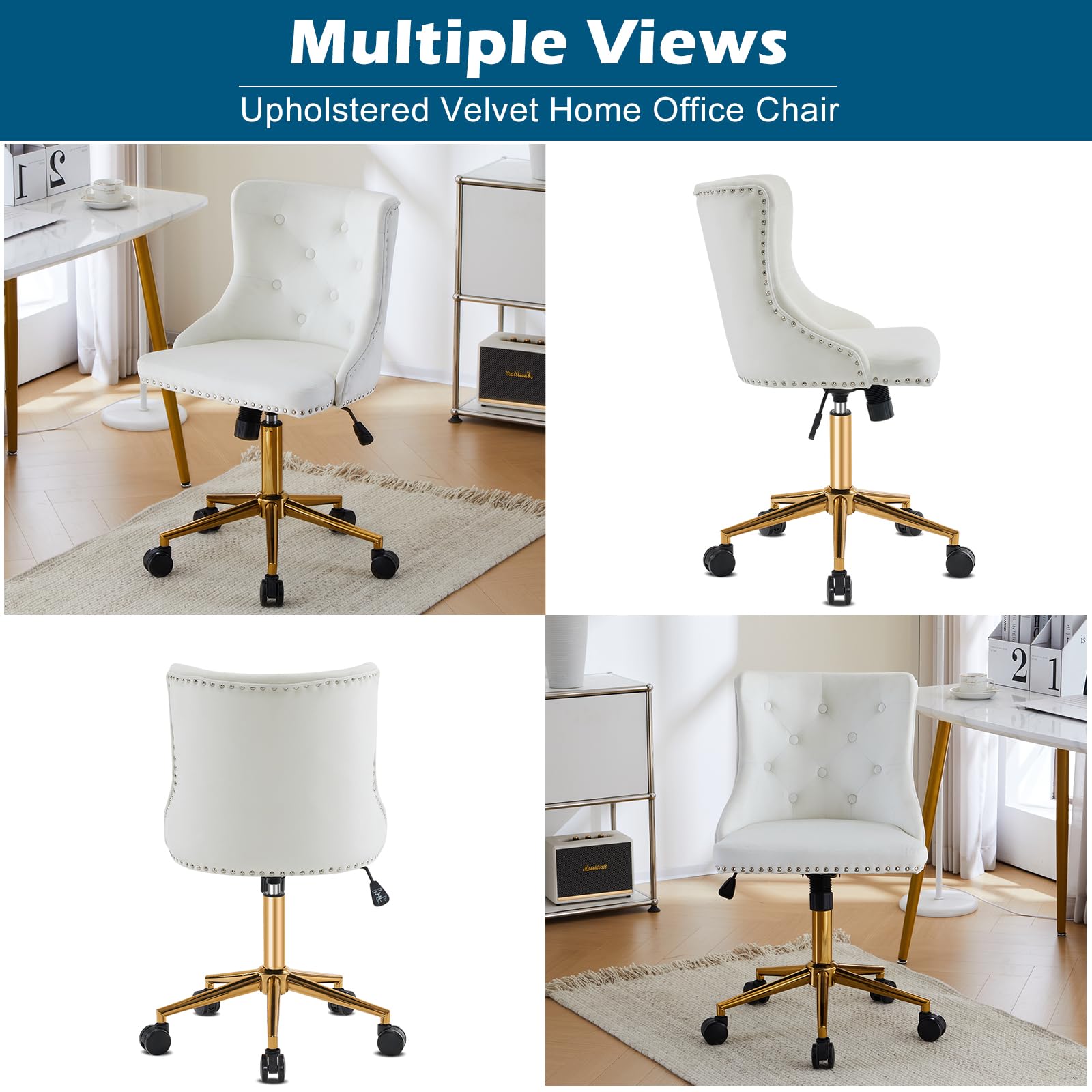 VINGLI White Velvet Armless Home Office Desk Chair with Gold Base/Wheels, Small Cute Vanity/Makeup Chair with Back for Bedroom, Upholstered Adjustable Rolling Swivel Nail Chair for Women/Girls