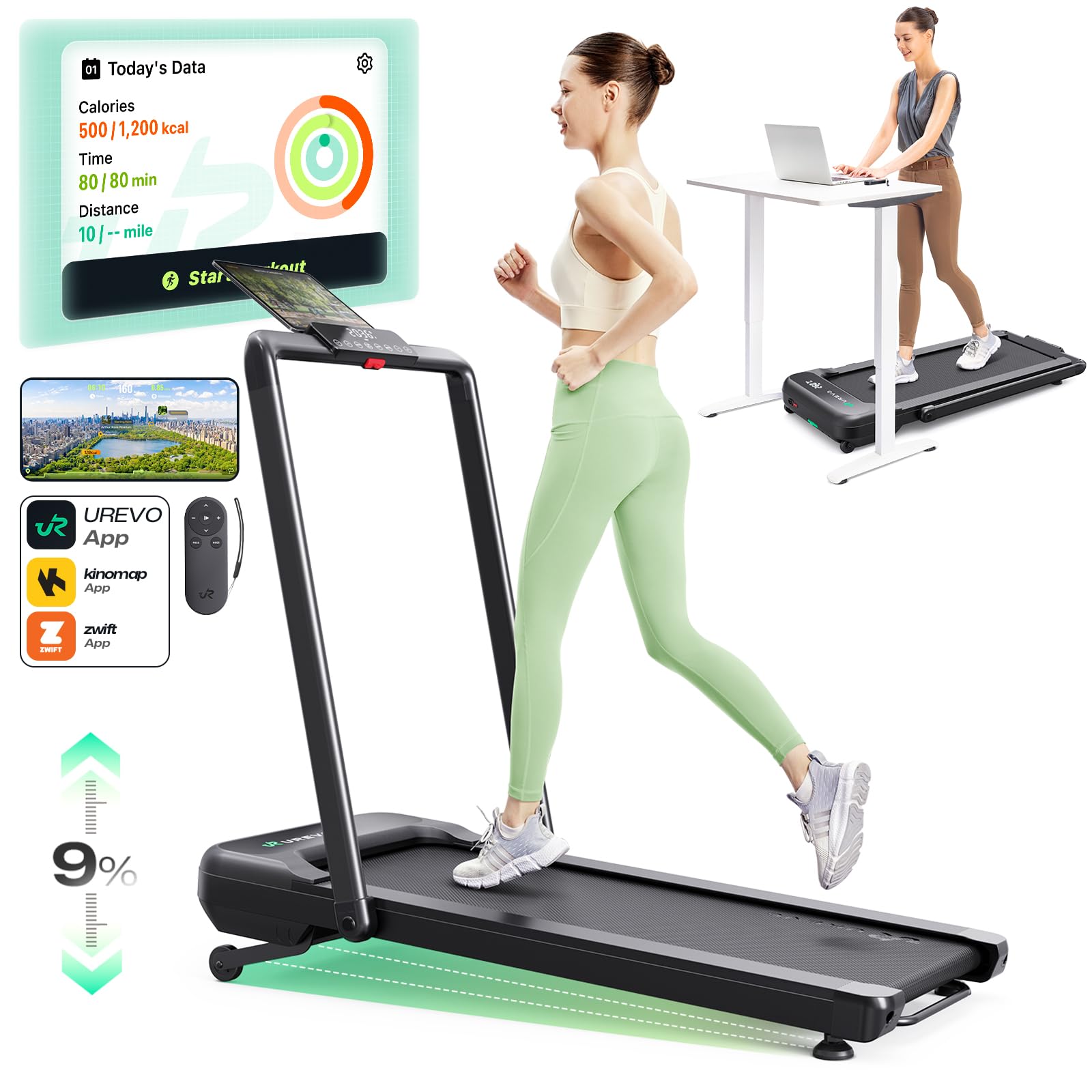 UREVO Smart Treadmill with 9% Incline, 3-in-1 Foldable Treadmill with Handle for Home/Office Fitness, Runner-Focused Design, 6 HIIT Programs & Auto Incline Follow Mode, 2 Display Screens, Plug & Play