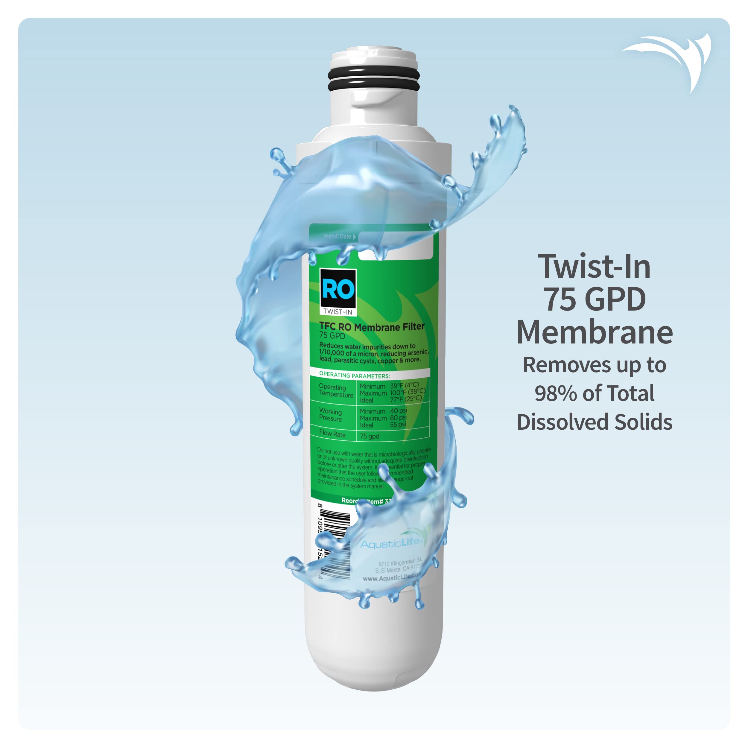 AquaticLife Twist-In Reverse Osmosis Replacement Water Filter Cartridge Pack - Includes 75 GPD Membrane, Sediment, Carbon Block and Deionization for 4-Stage RODI System
