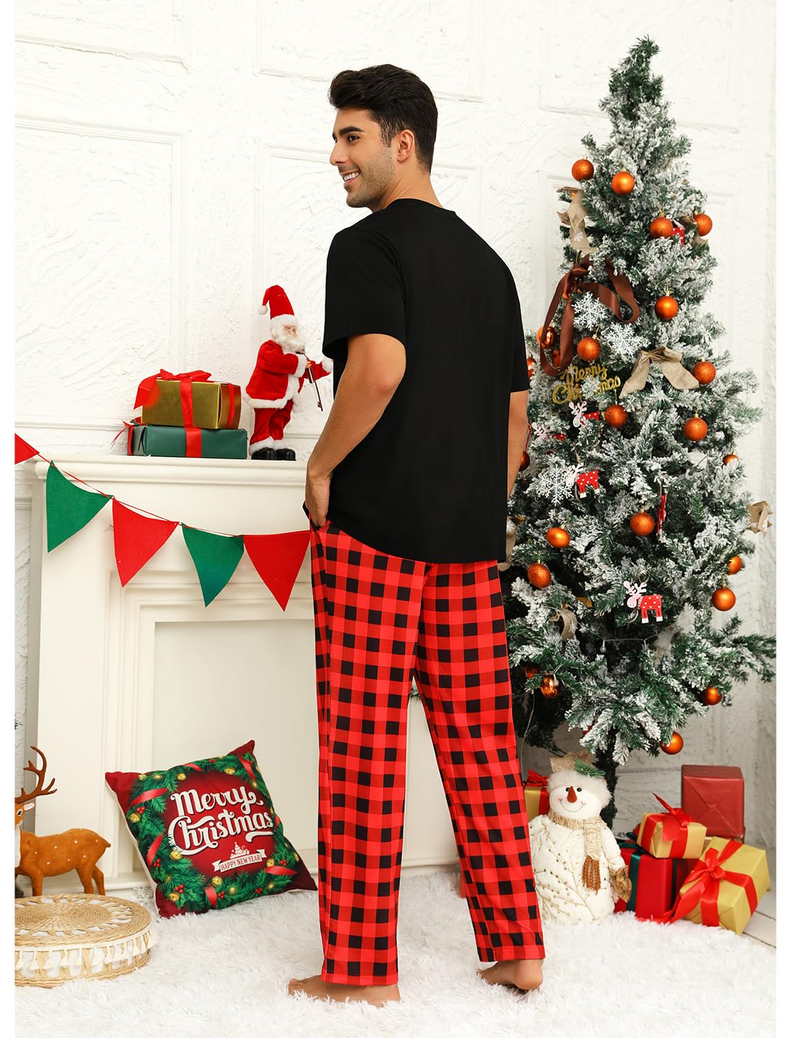 EISHOPEER Couples Matching Pajamas Sets Cotton Short Sleeve Sleepwear Printed Loungewear Pjs Set with Long Pants Black/Red Plaid Large
