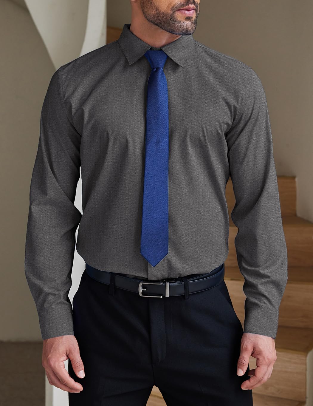 COOFANDY Mens Business Casual Shirt Covered Placket Button Up Long Sleeve Performance Suit Shirt for Men Relaxed Fit No Wrinkle Fitted Wedding Outfits Dark Grey Gray XL