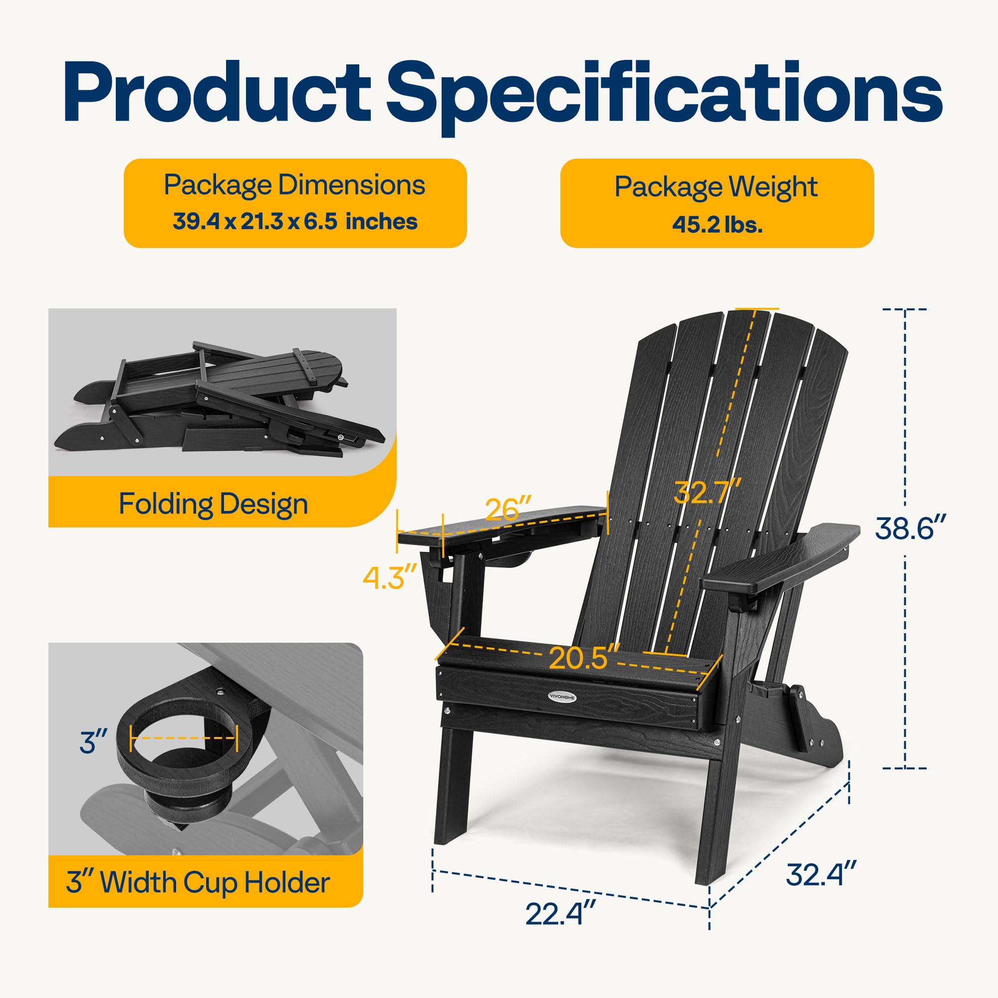 VIVOHOME HDPE Adirondack Chair, Foldable Fire Pit Chair with 3 Adjustable Angles, Cup Holder and Weather-Resistant Wood-Grain Look, Ideal for Patio, Garden, Deck