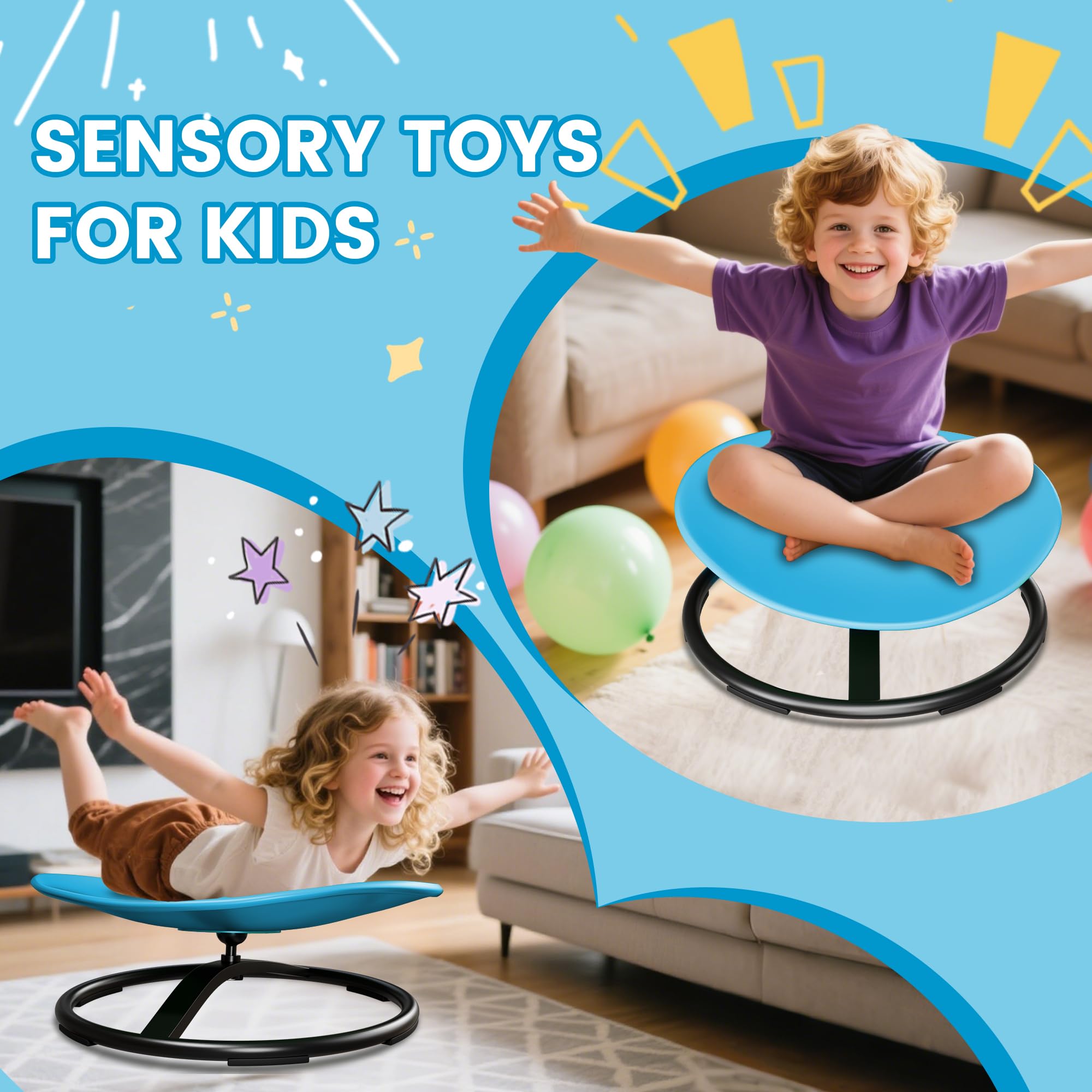 Pterying 21" L × 19" W Large Size Spinning Chair for Autistic Kids, Toddler Sensory Chair, Sensory Toys Gifts for Kids with Autism & ADHD, Outdoor/Indoor Toys for Kids Ages 4-8, Azure Rounded Shape