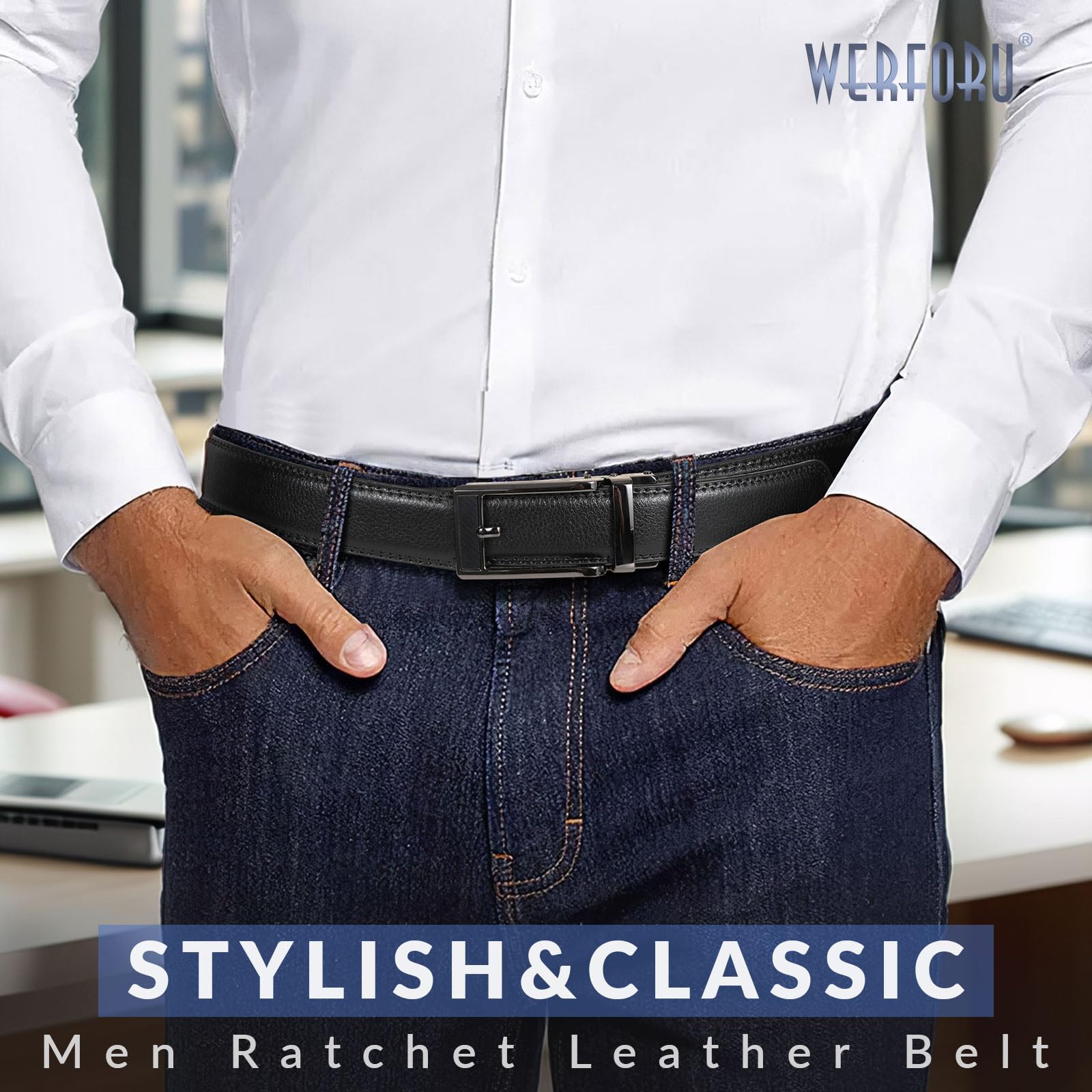 WERFORU Men Dress Belt Men Adjustable Leather Belt Men Leather Ratchet Belt-Comfort Click Belt for Men Dress and Casual(A-Black,36"-44" Waist Adjustable)