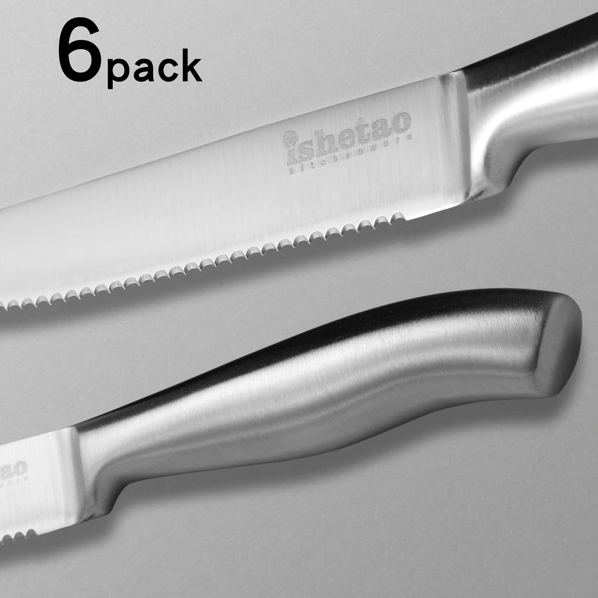isheTao Steak Knife Set of 6, 4.5 inches Dishwasher Safe High Carbon Stainless Steel Knives, Silver