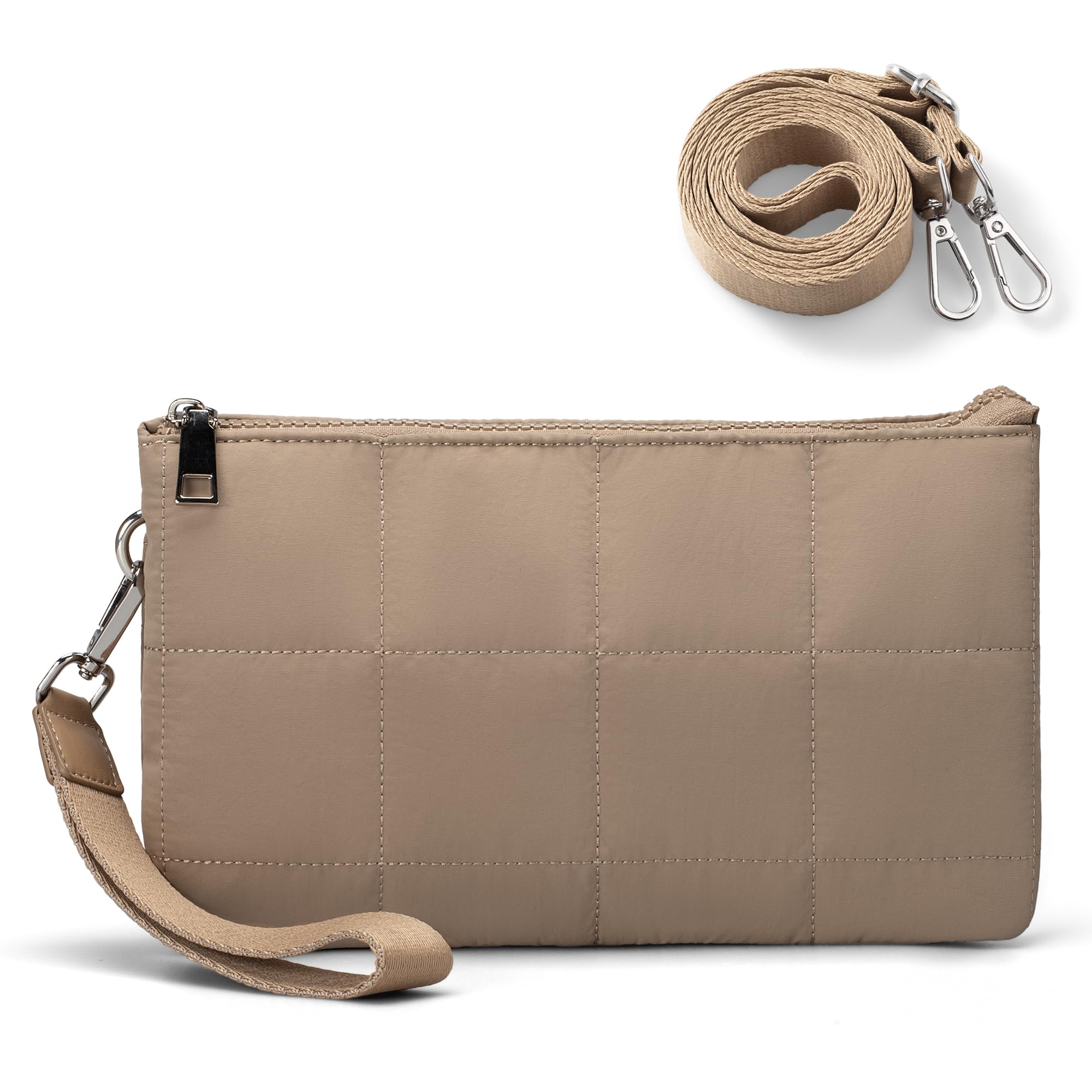 befen Puffer Crossbody Wristlet Bag for Women, RFID-Blocking Crossbody Purse Built-In Wallet, Lightweight Quilted Shoulder Handbag for Travel with Adjustable Guitar Strap &Wrist Strap, Khaki
